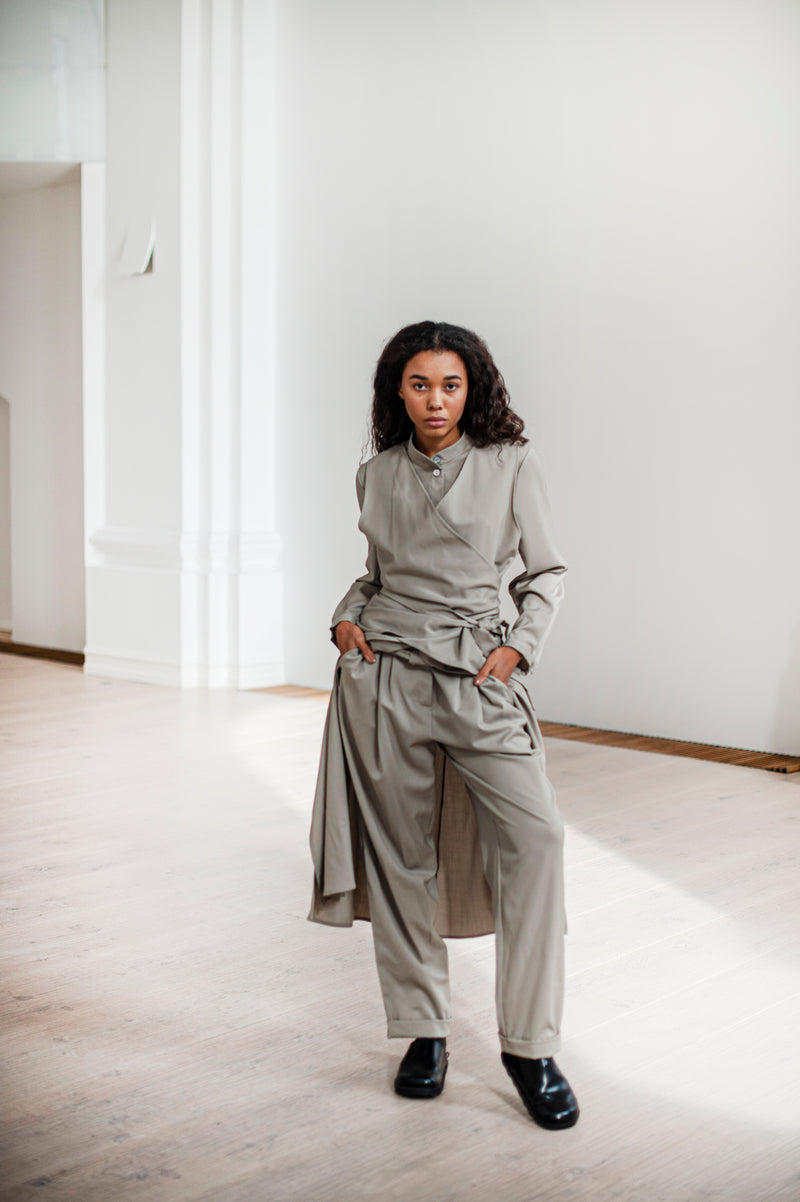A modern combination of banana trousers and A-line shirt dress with a front wrap detail
