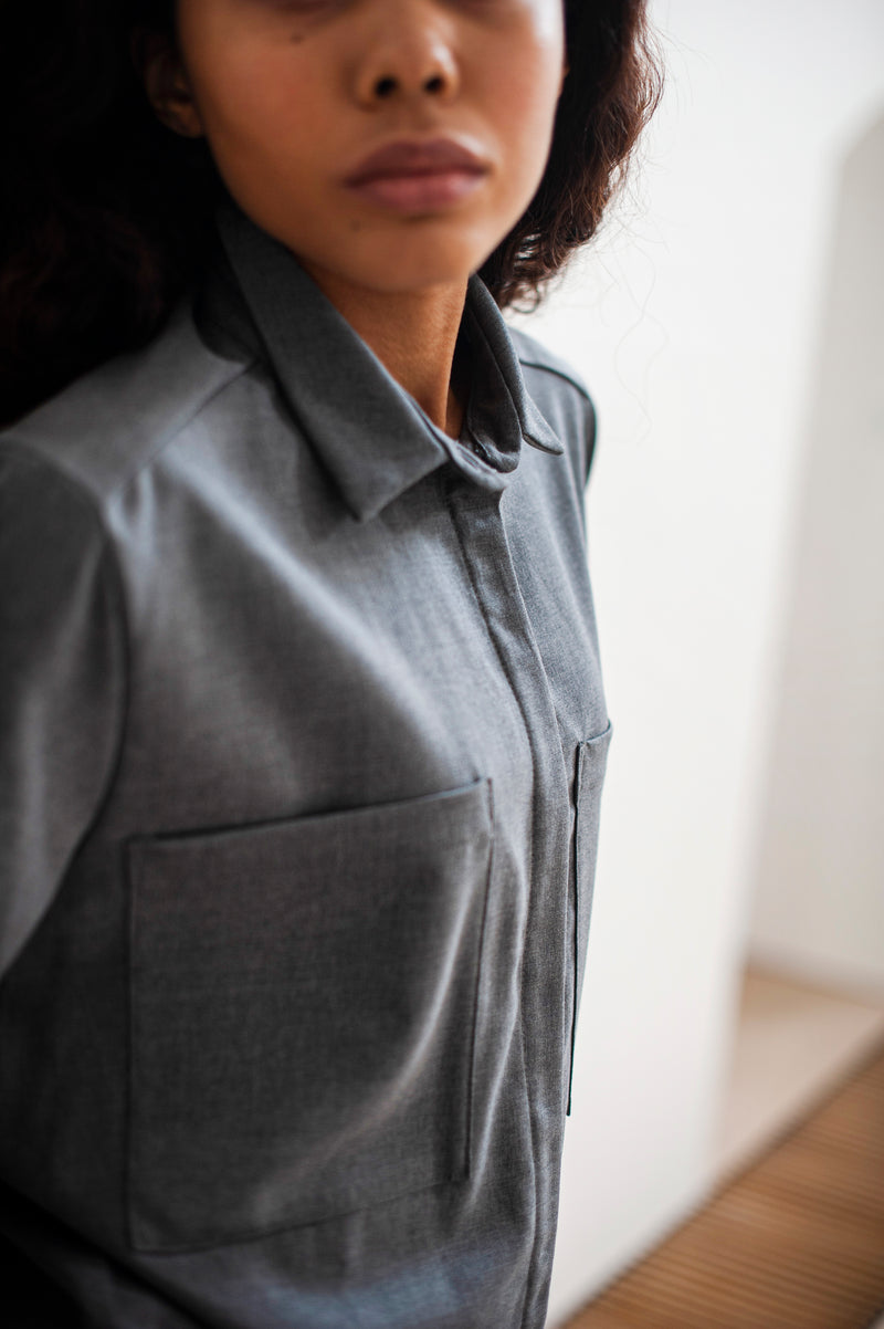 Elegant ant stylish Merino wool dress shirt for women.  Crafted from a high-quality Italian fabric.