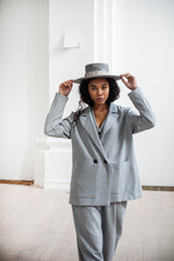 Grey heavy-weight cotton double-breasted blazer with large patch pockets