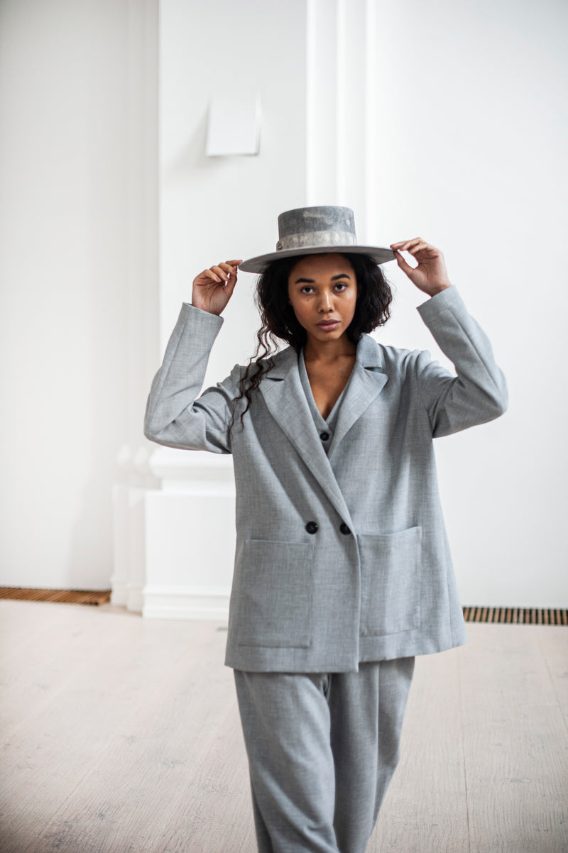Gray double-breasted heavy-weight cotton blazer and matching wide-leg pants