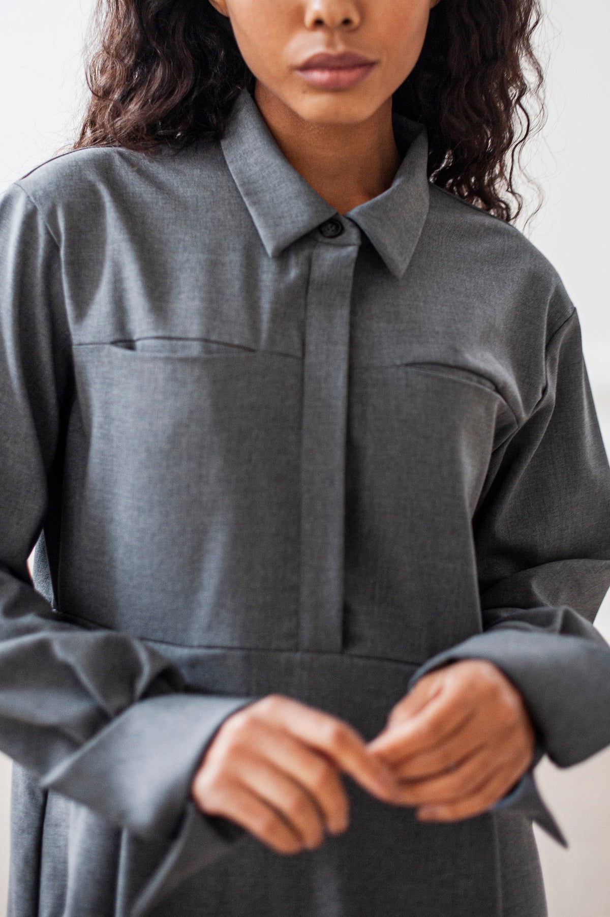Pleated Grey Shirt Dress with Pockets