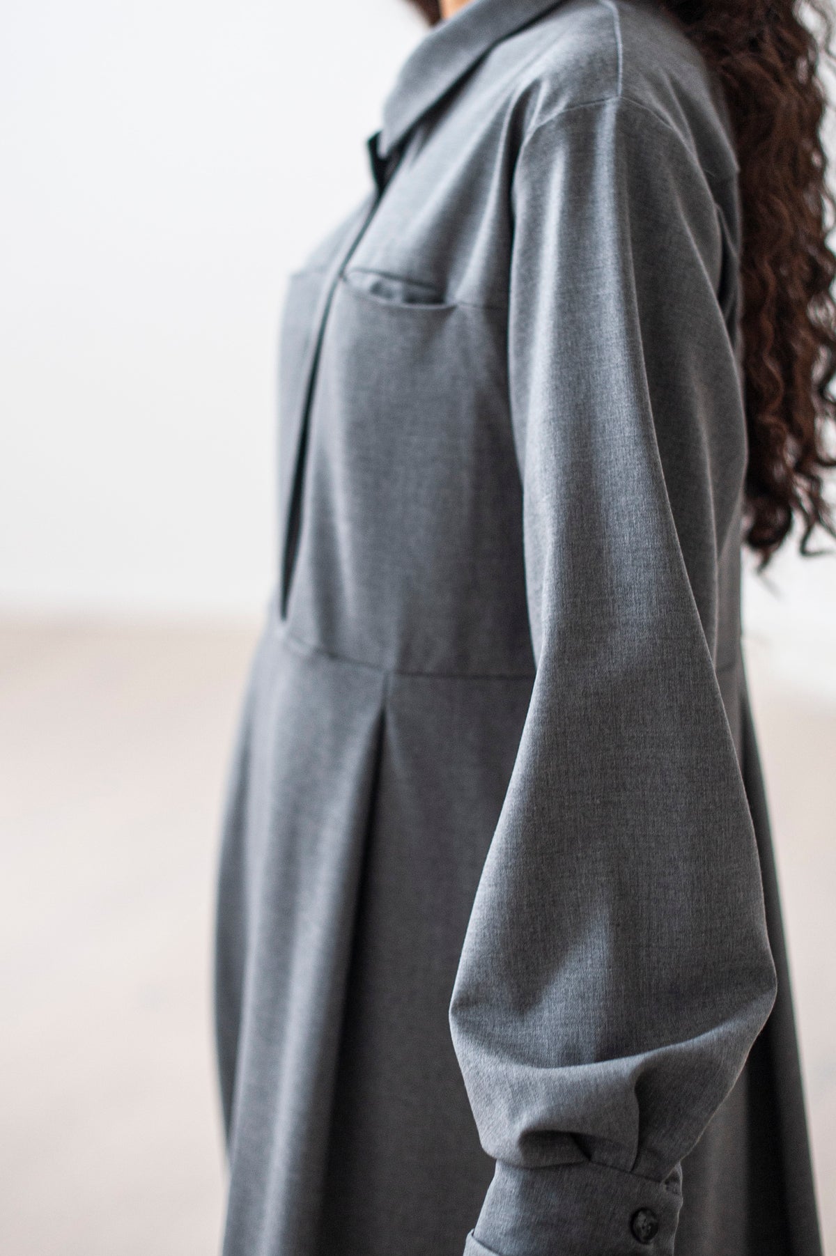 Pleated Grey Shirt Dress with Pockets