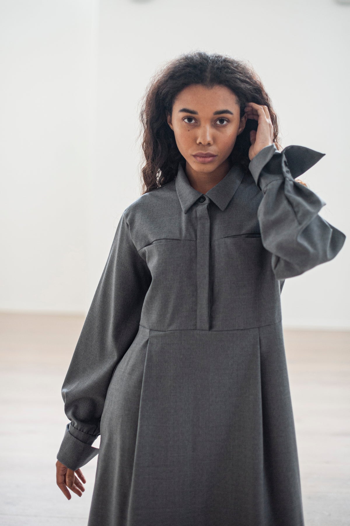 Pleated Grey Shirt Dress with Pockets
