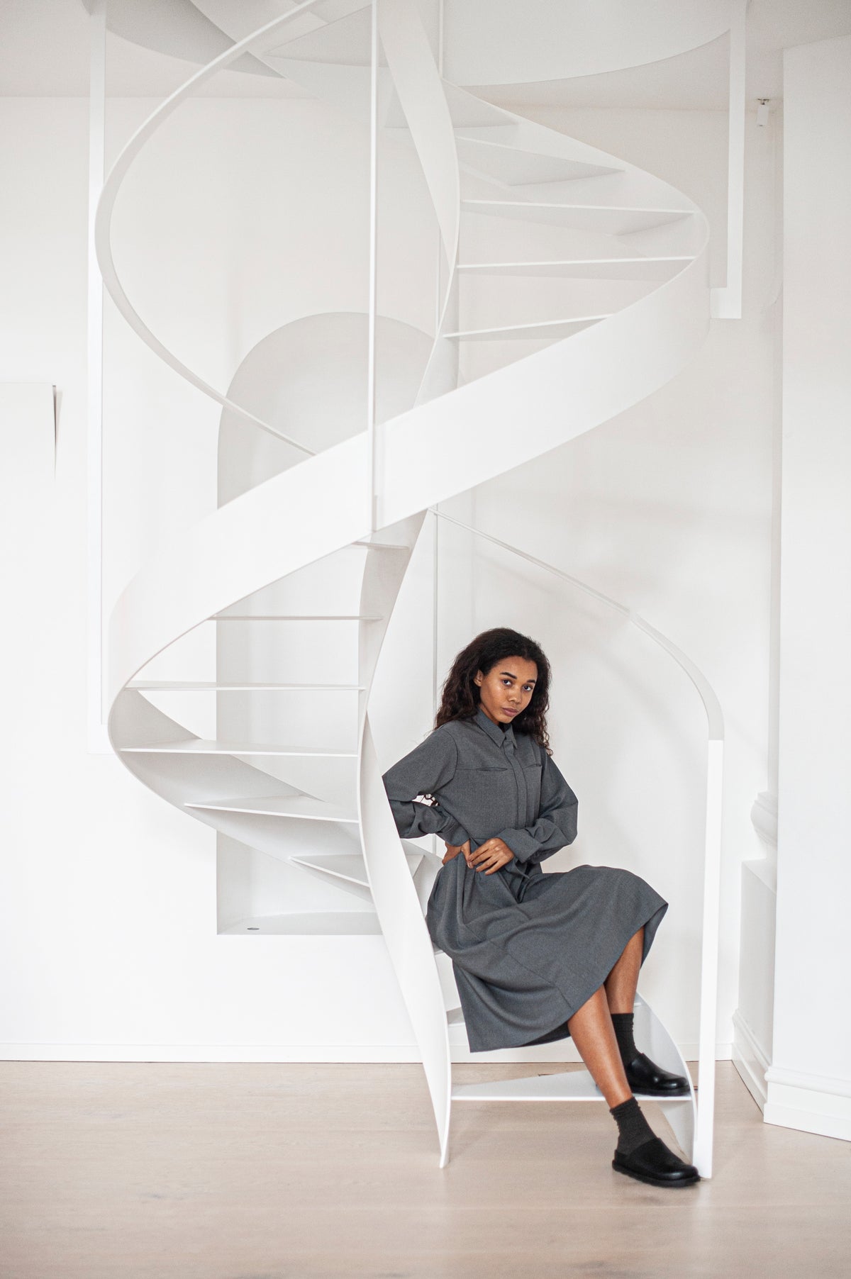 Pleated Grey Shirt Dress with Pockets