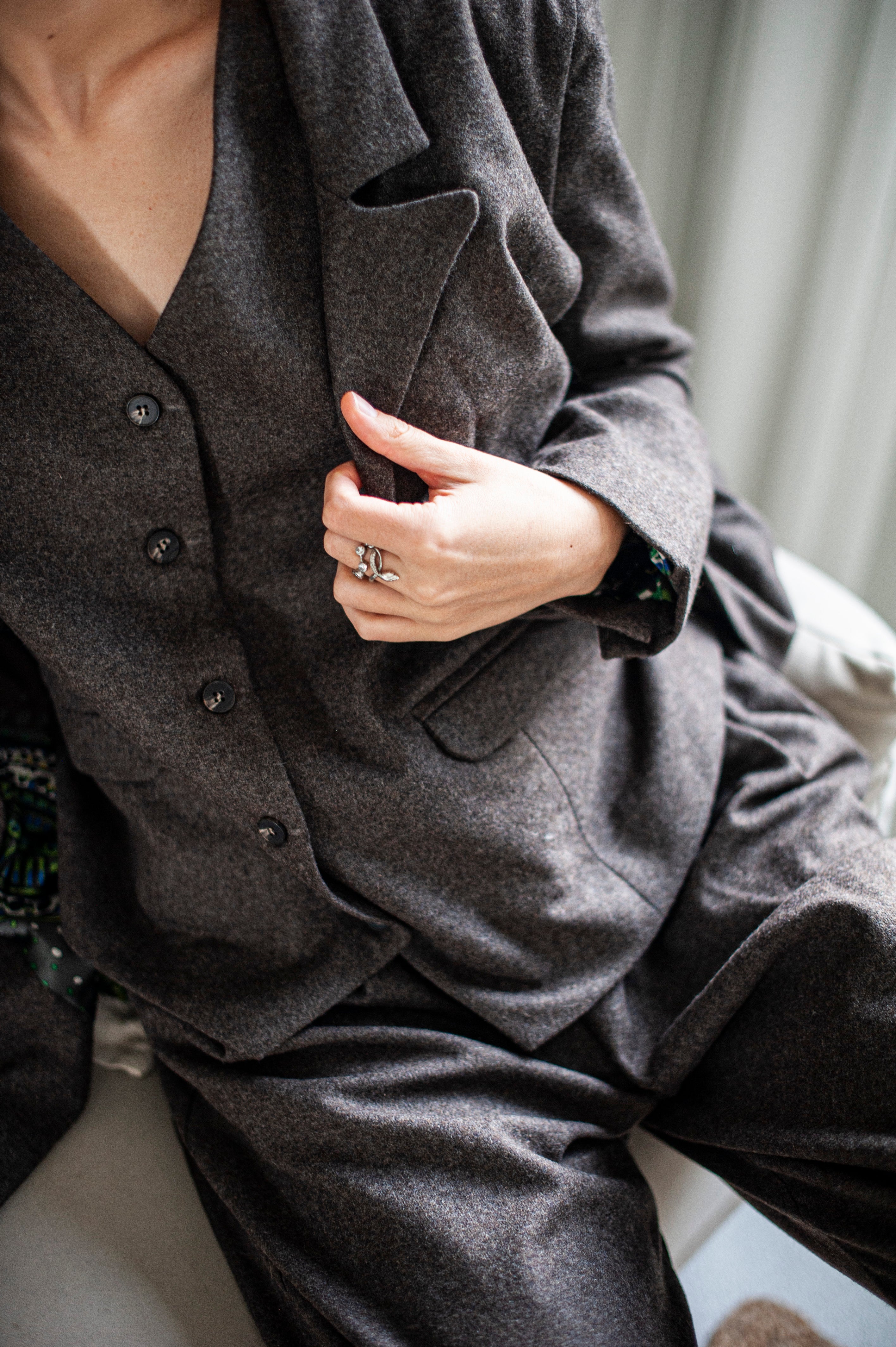 Brown tween double-breasted blazer for women. Paired with a matching waistcoat.