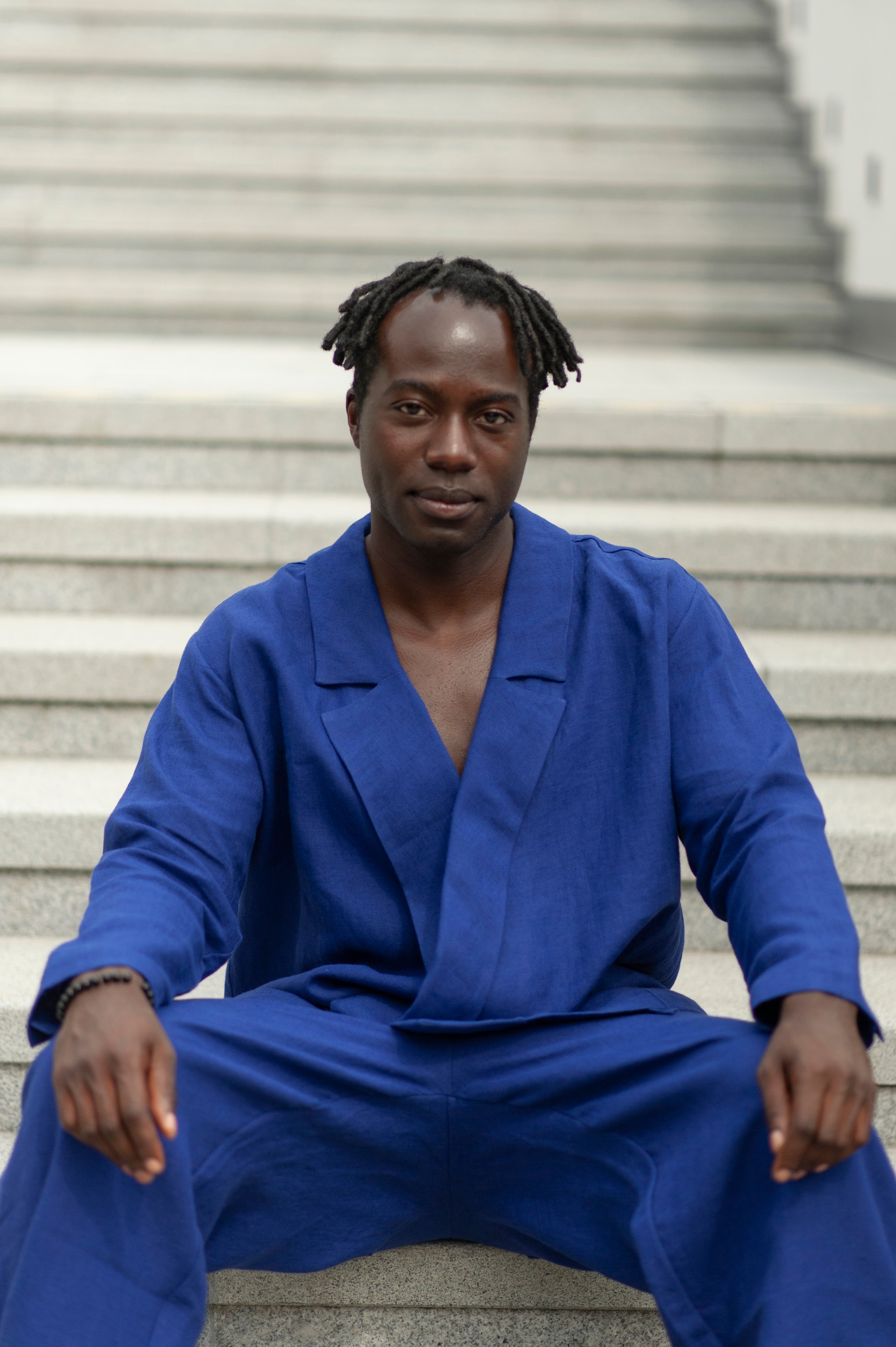 Elegant Noragi style-inspired royal blue linen blazer for men.