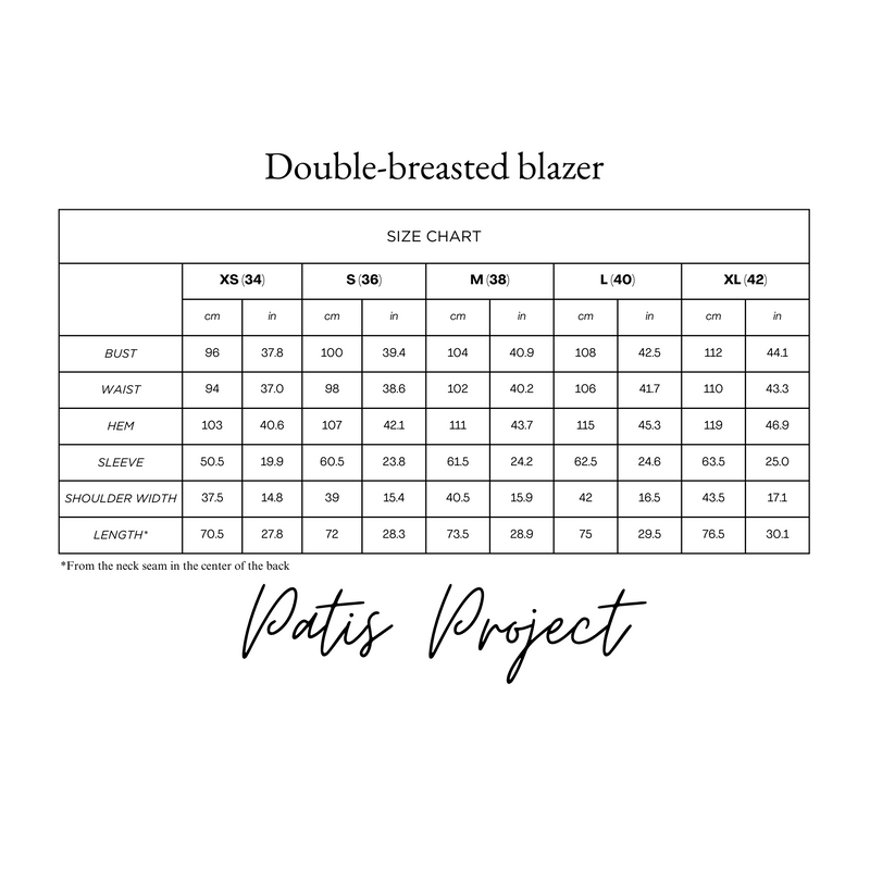 The size chart of the double-breasted blazer