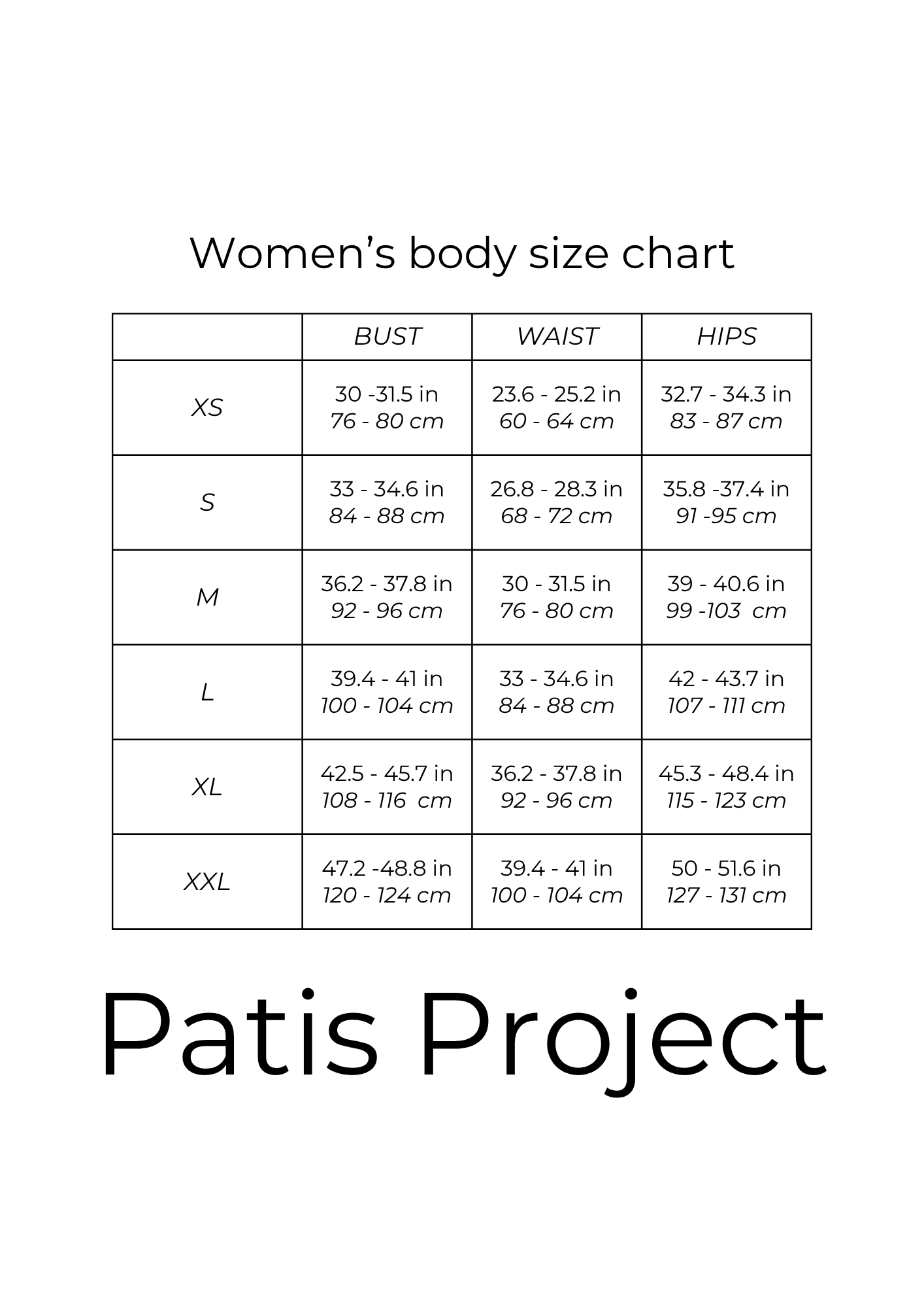 Body size chart