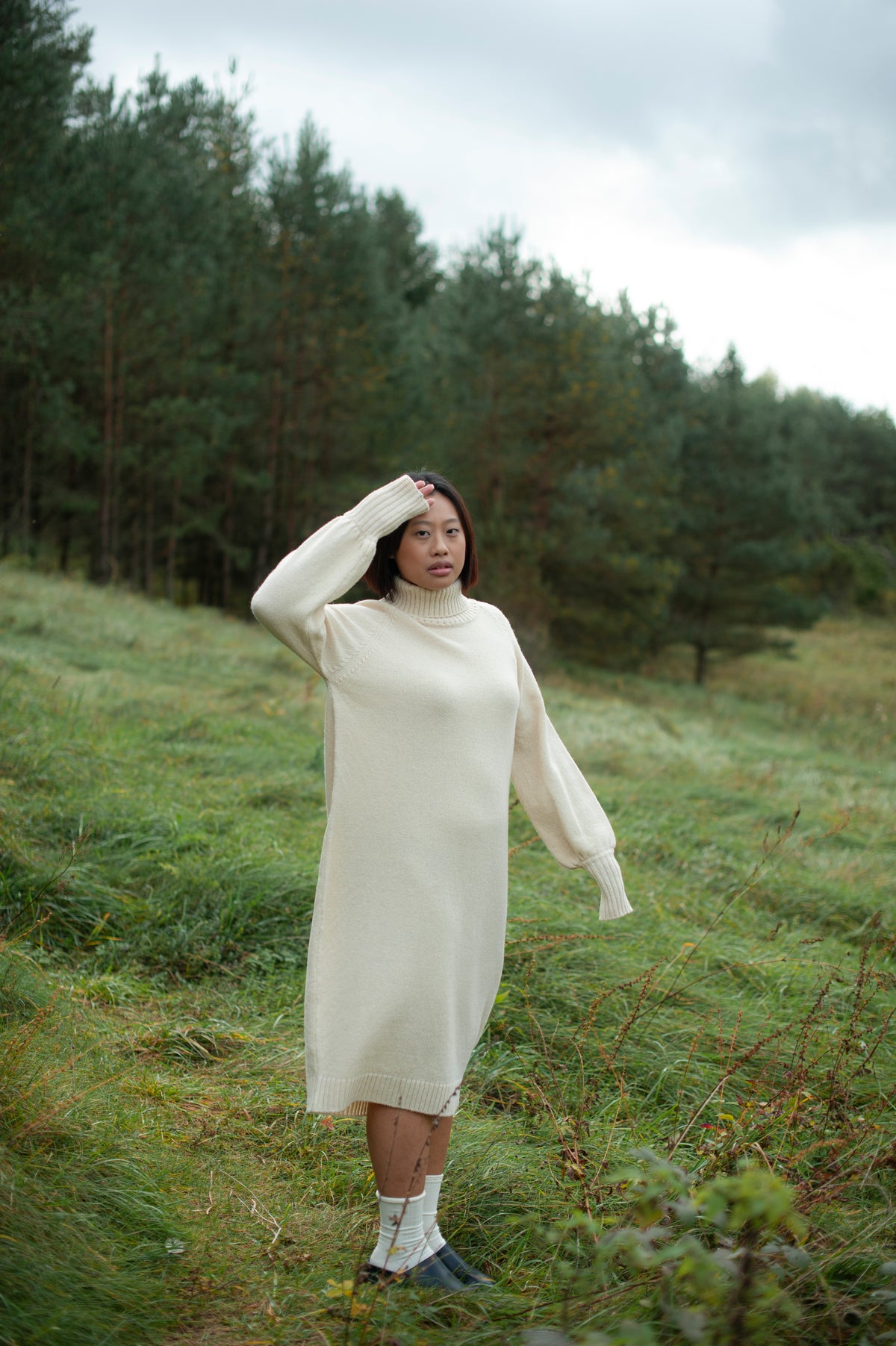 Organic Merino Wool Long Knit Dress with Balloon Sleeves