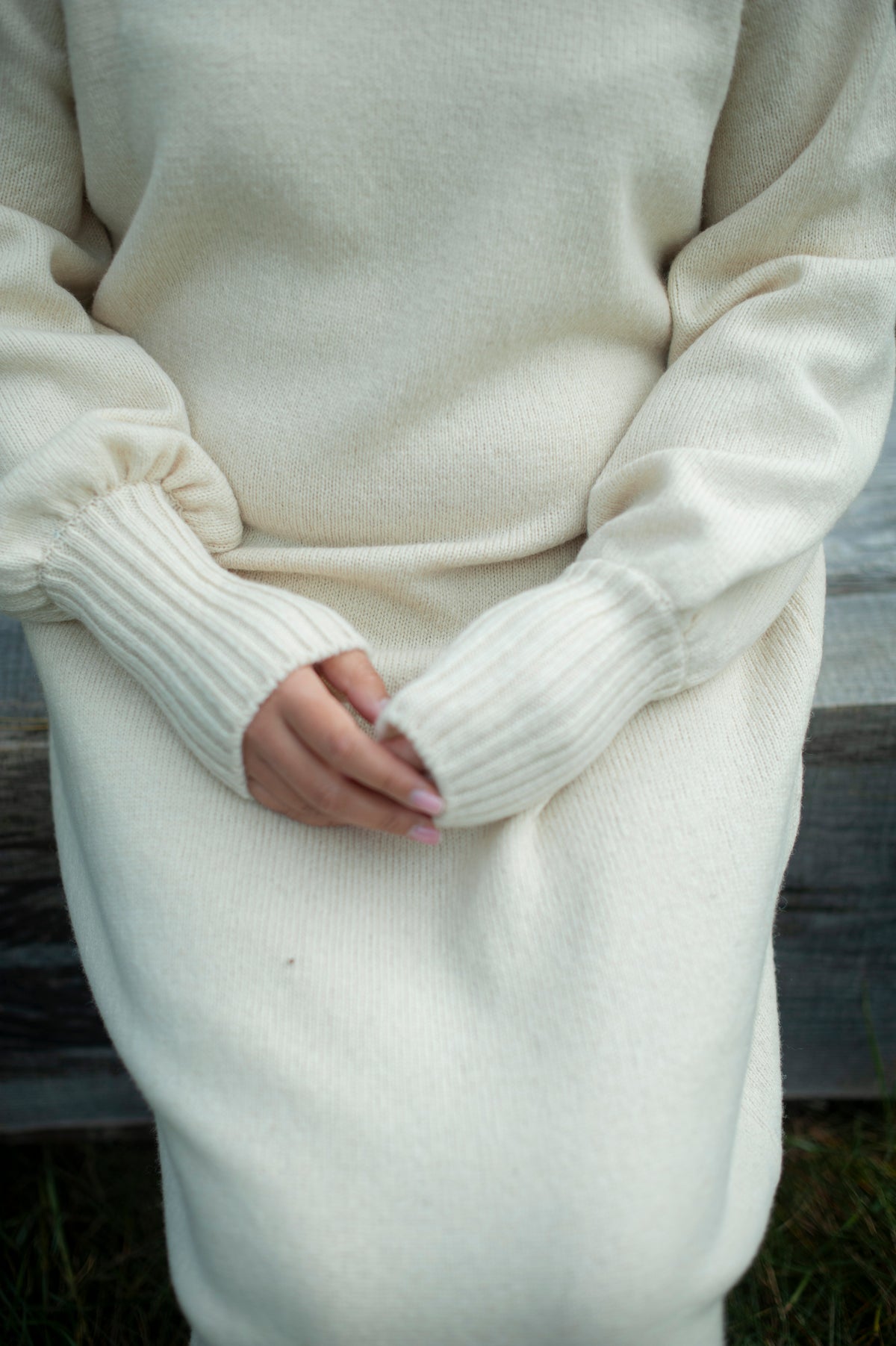 Organic Merino Wool Long Knit Dress with Balloon Sleeves