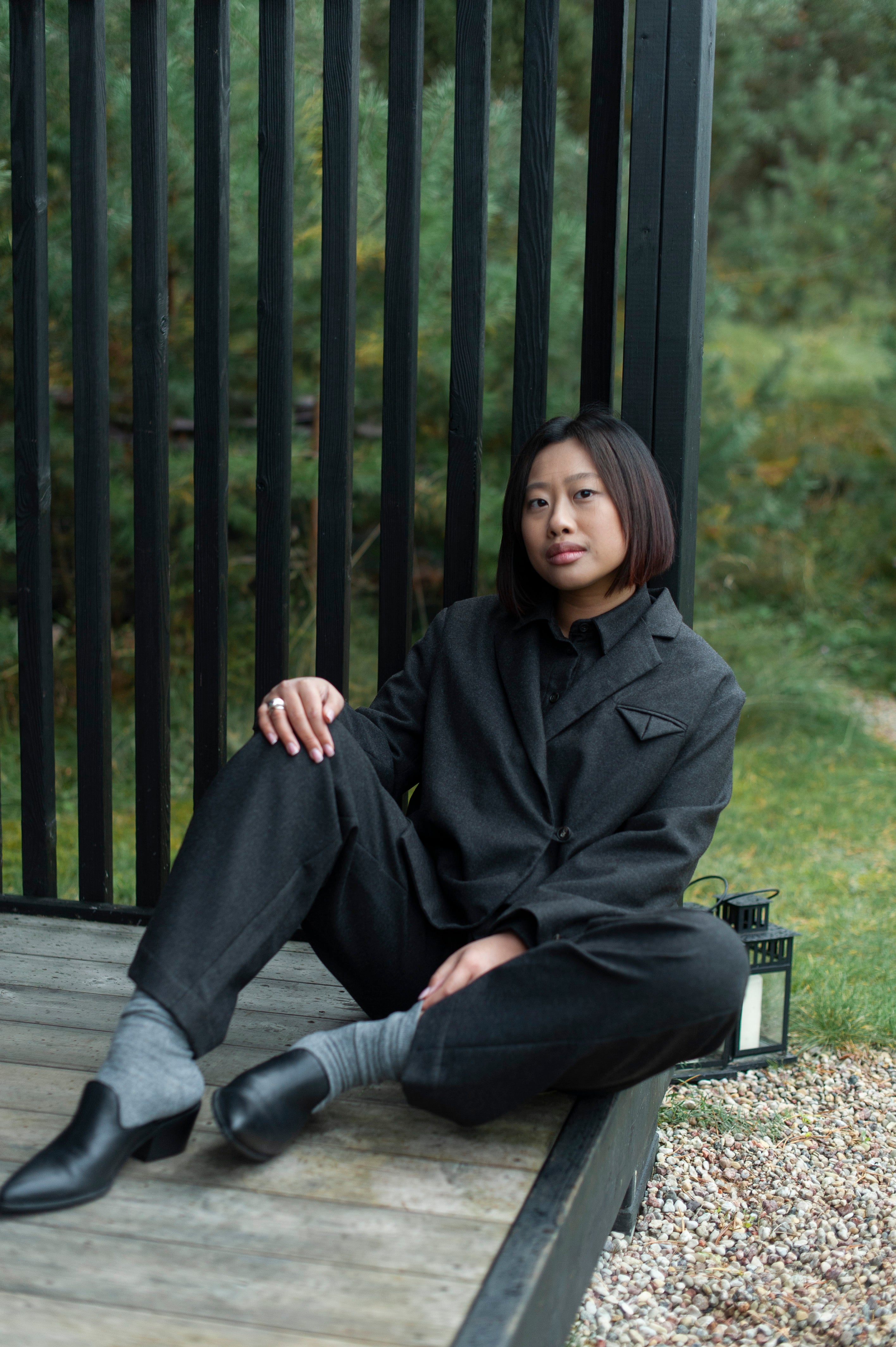 Contemporary lapel collar wool blend blazer in brown.