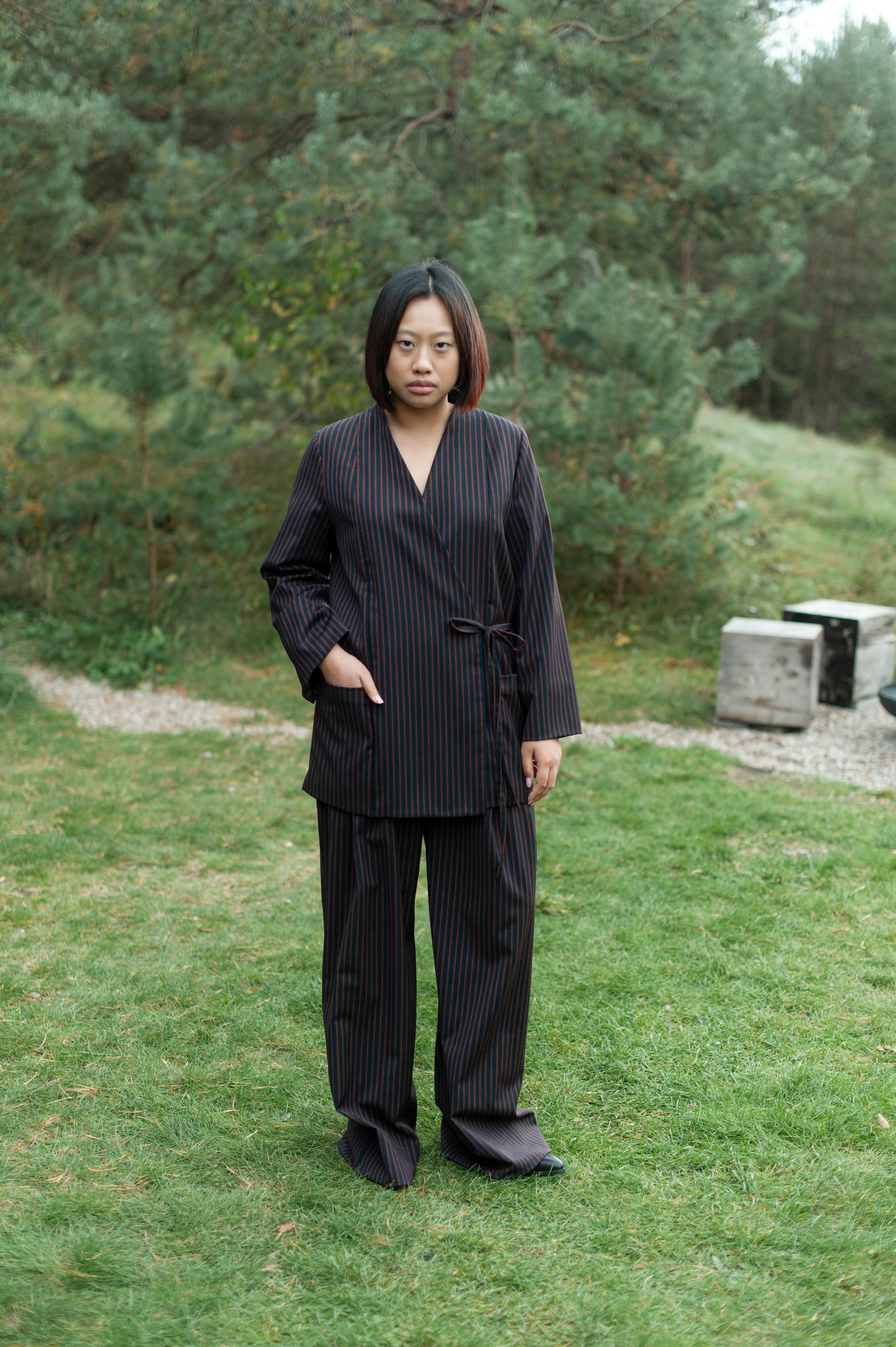 Brown strip Japanese style-inspired wrap top with wide sleeves, long hem and wide sleeves, pair with matching wide-leg pants. 