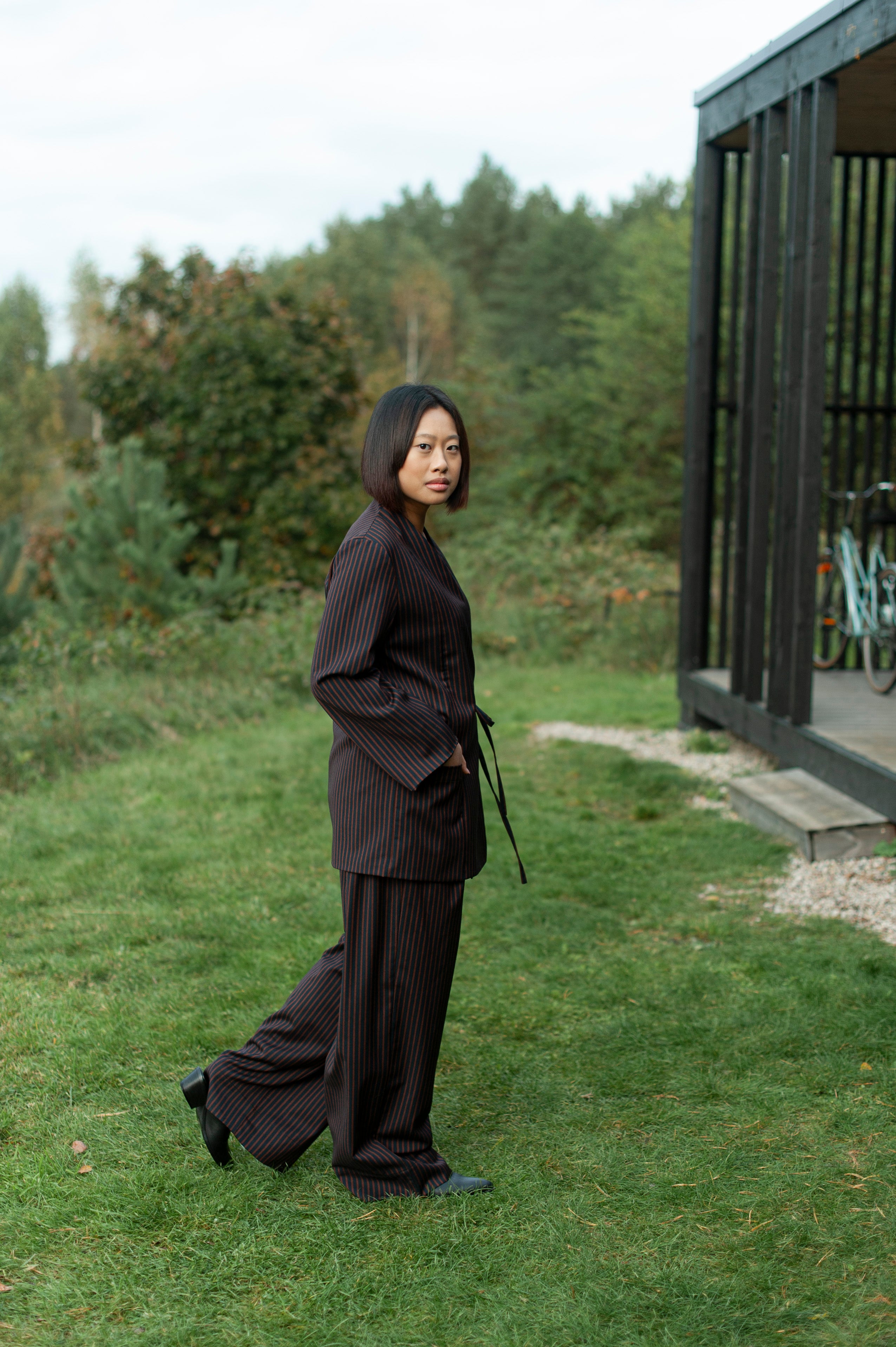 Brown strip Japanese style-inspired wrap top with wide sleeves, long hem and wide sleeves, pair with matching wide-leg pants. 