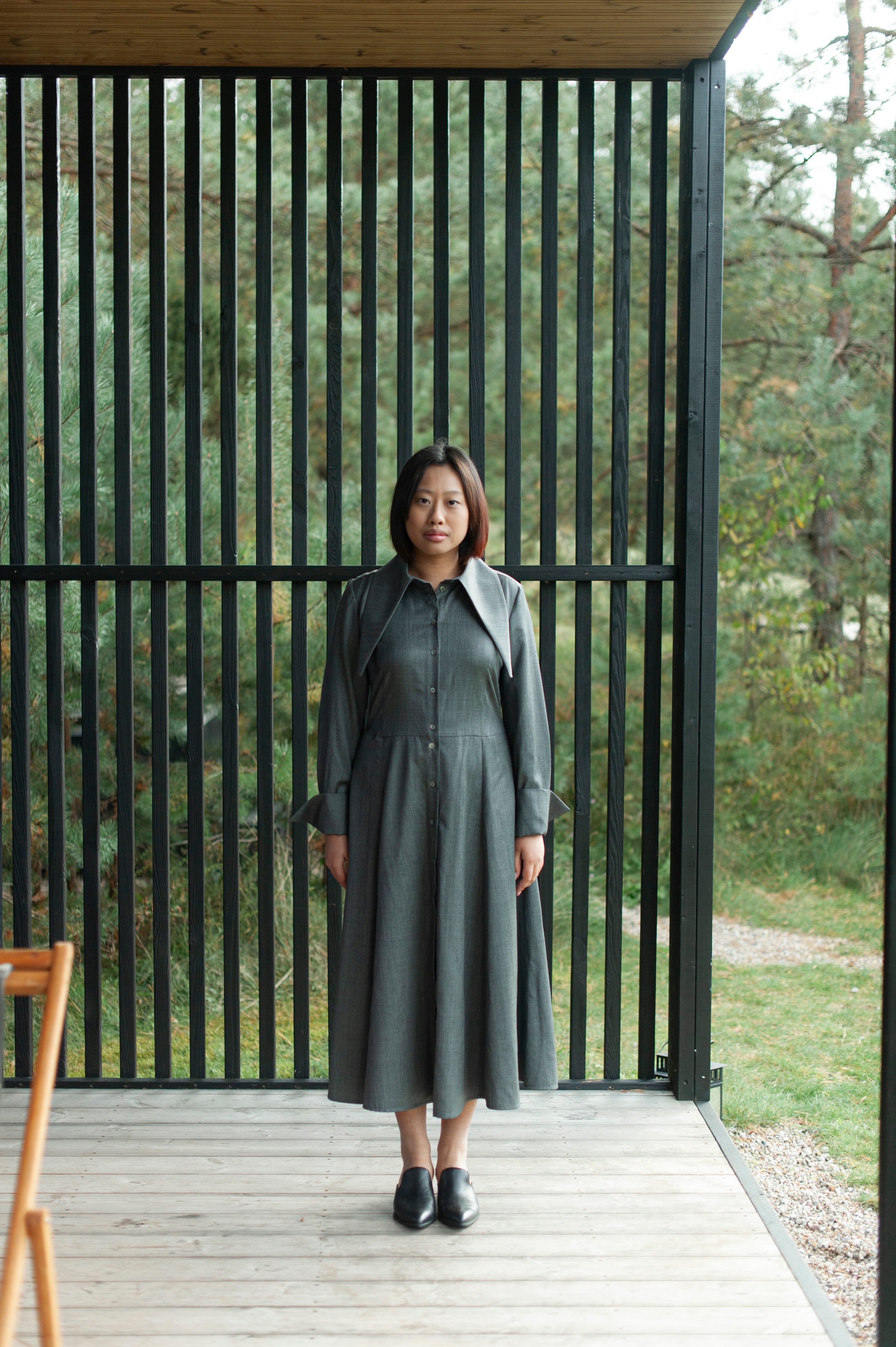 Grey 100% merino wool A-line shirt dress with an oversized collar with pointy ends. 