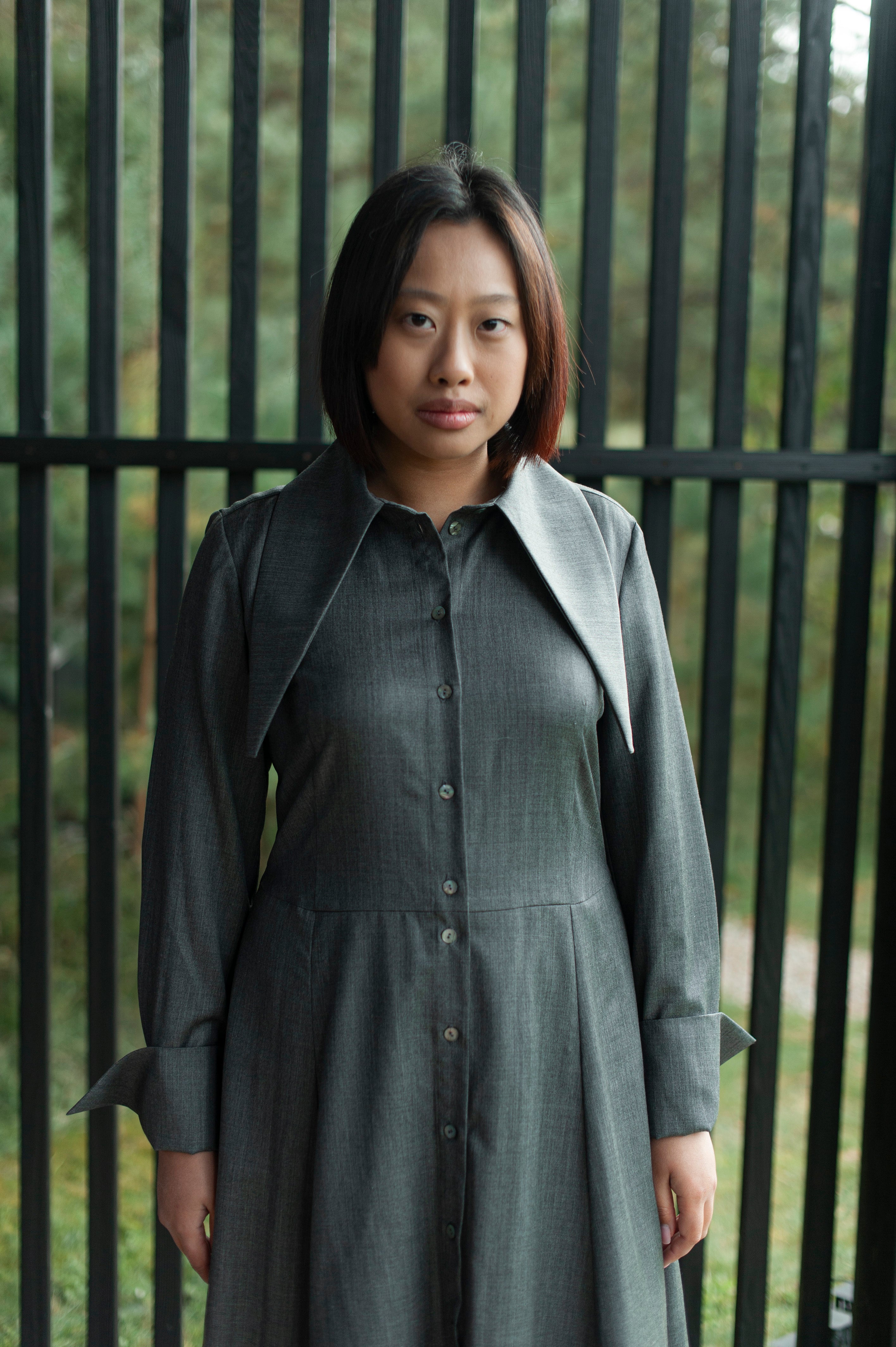 Grey 100% merino wool A-line shirt dress with an oversized collar with pointy ends. 