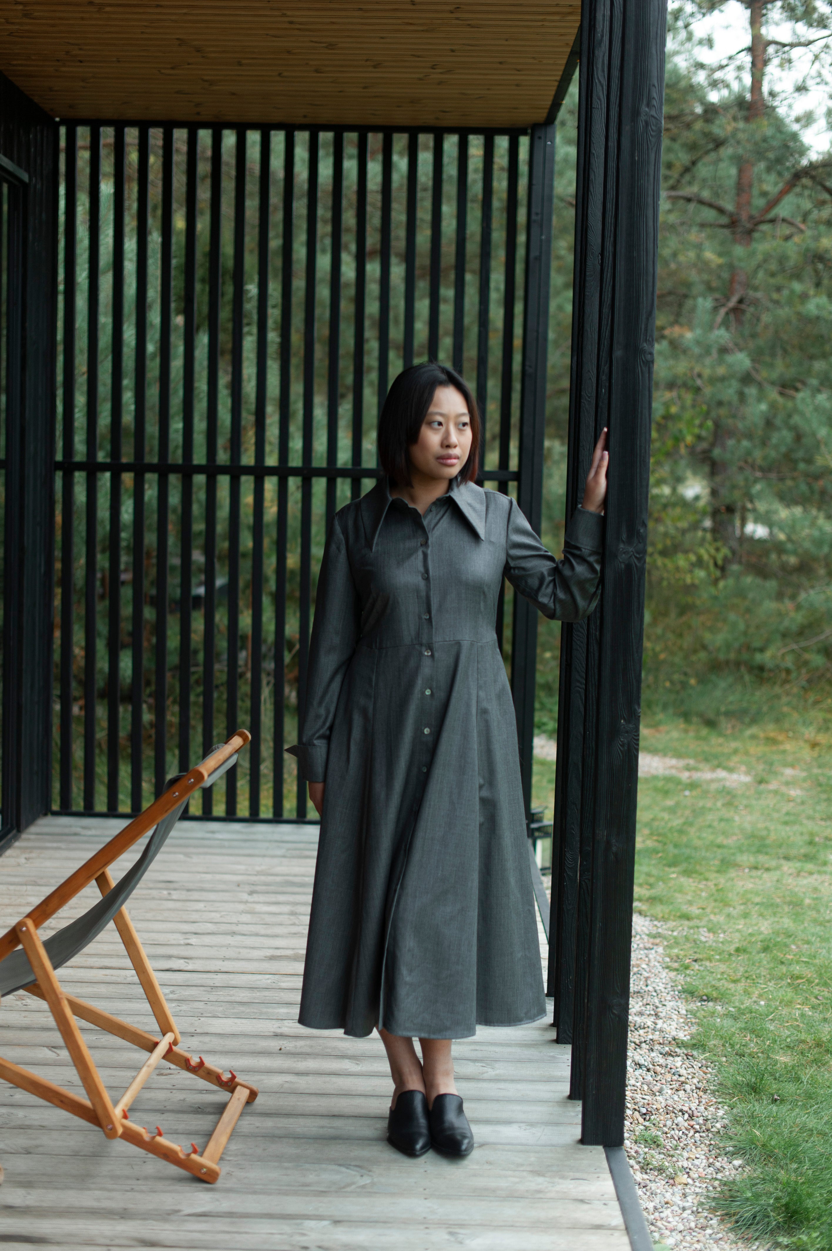 Luxury merino wool shirt dress with large collar