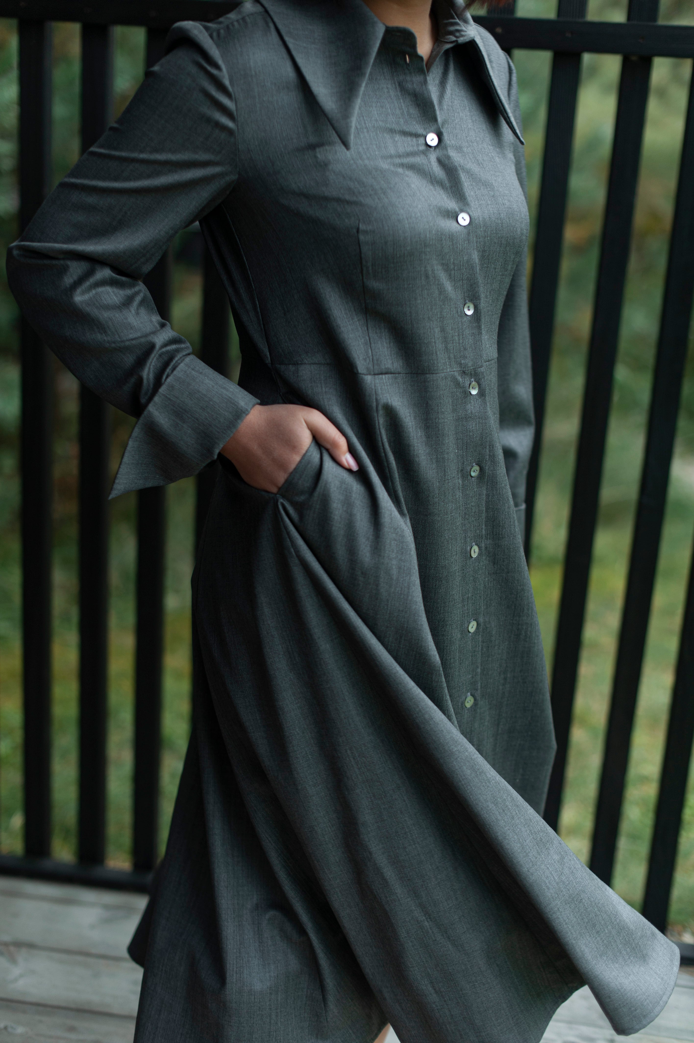 Luxury merino wool shirt dress with large collar