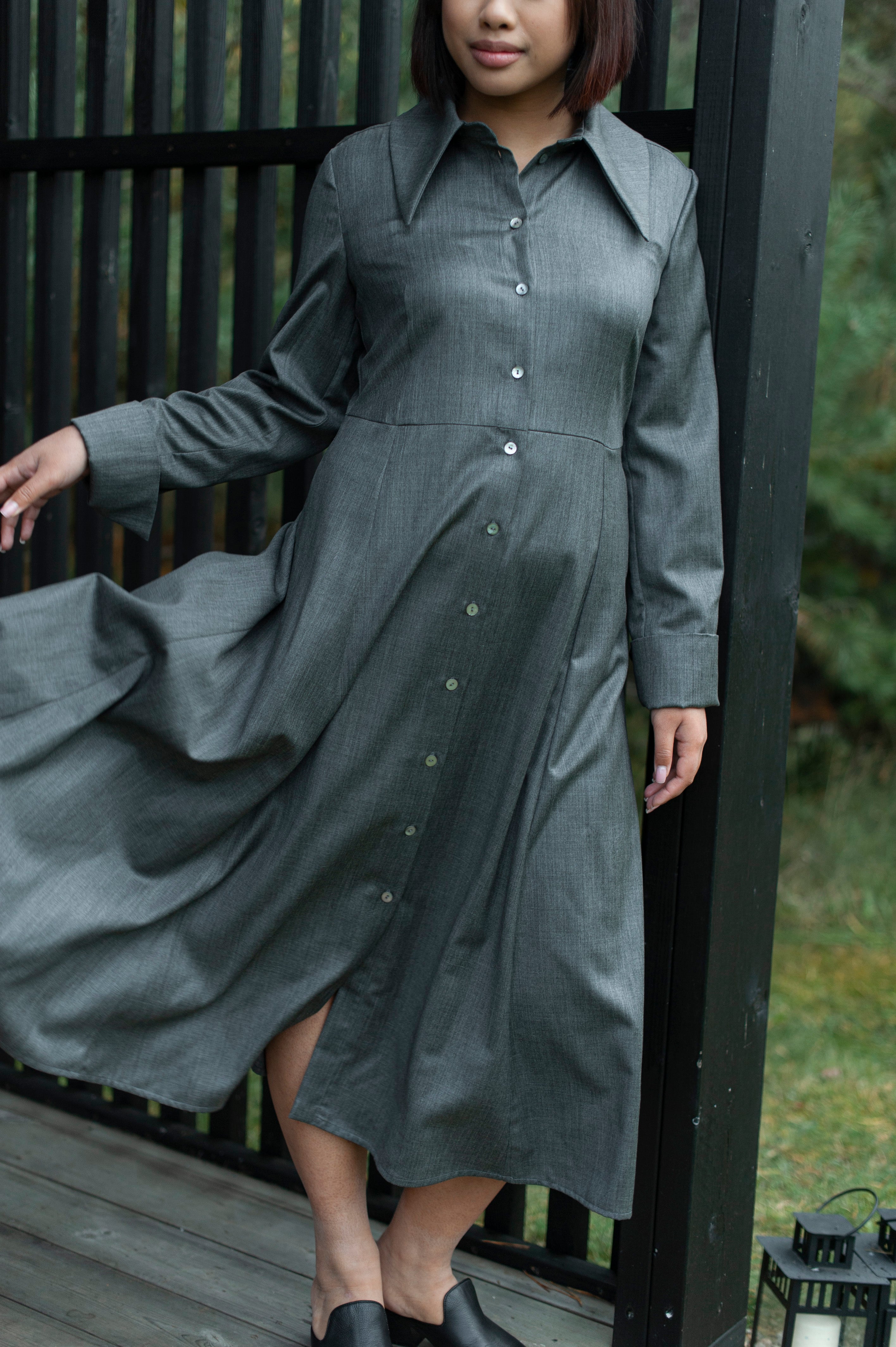 Luxury merino wool shirt dress with large collar