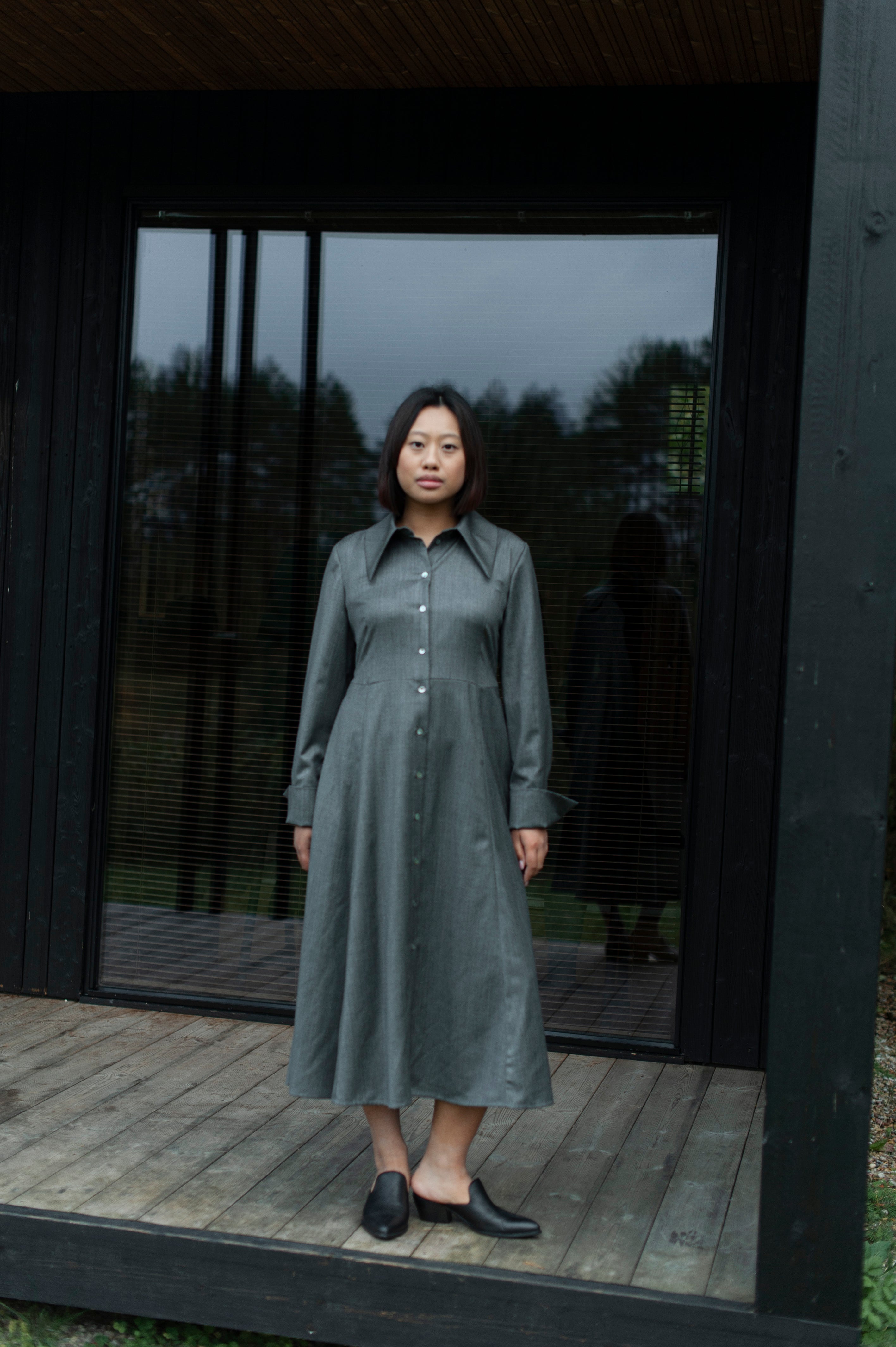 Luxury merino wool shirt dress with large collar