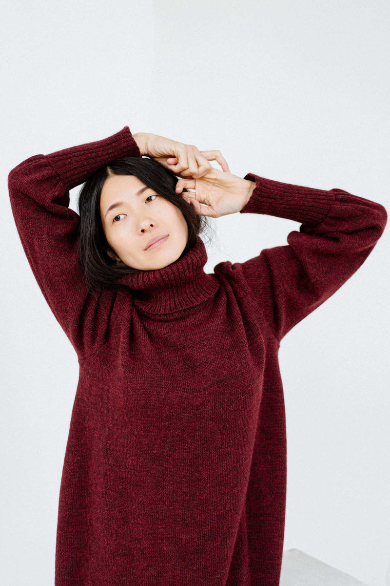 Burgundy wool roll-neck knitted long dress ASAHI
