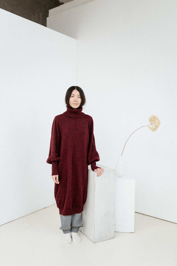 Burgundy wool roll-neck knitted long dress ASAHI