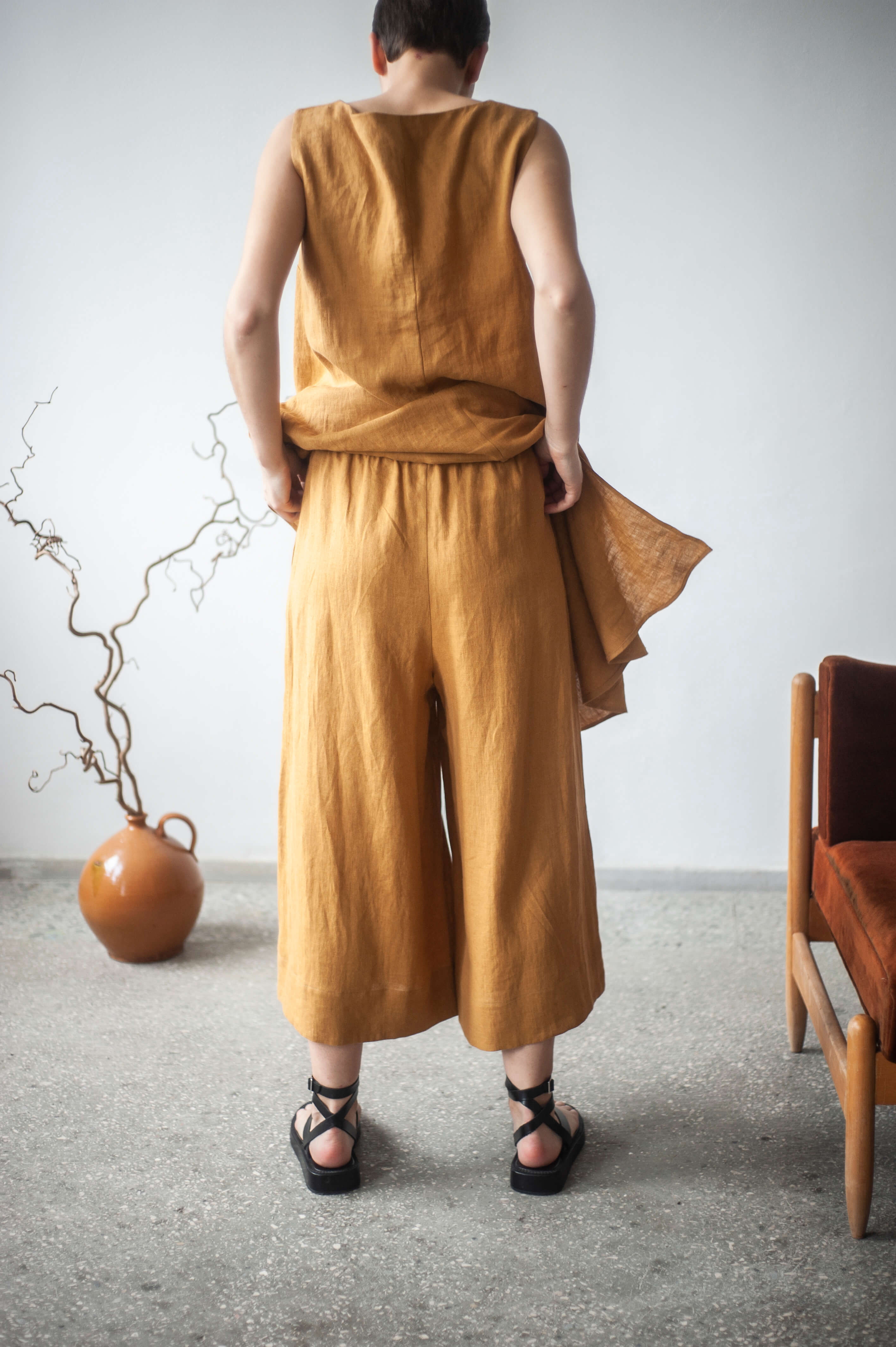 Wide leg drawstring linen trousers CAMILA