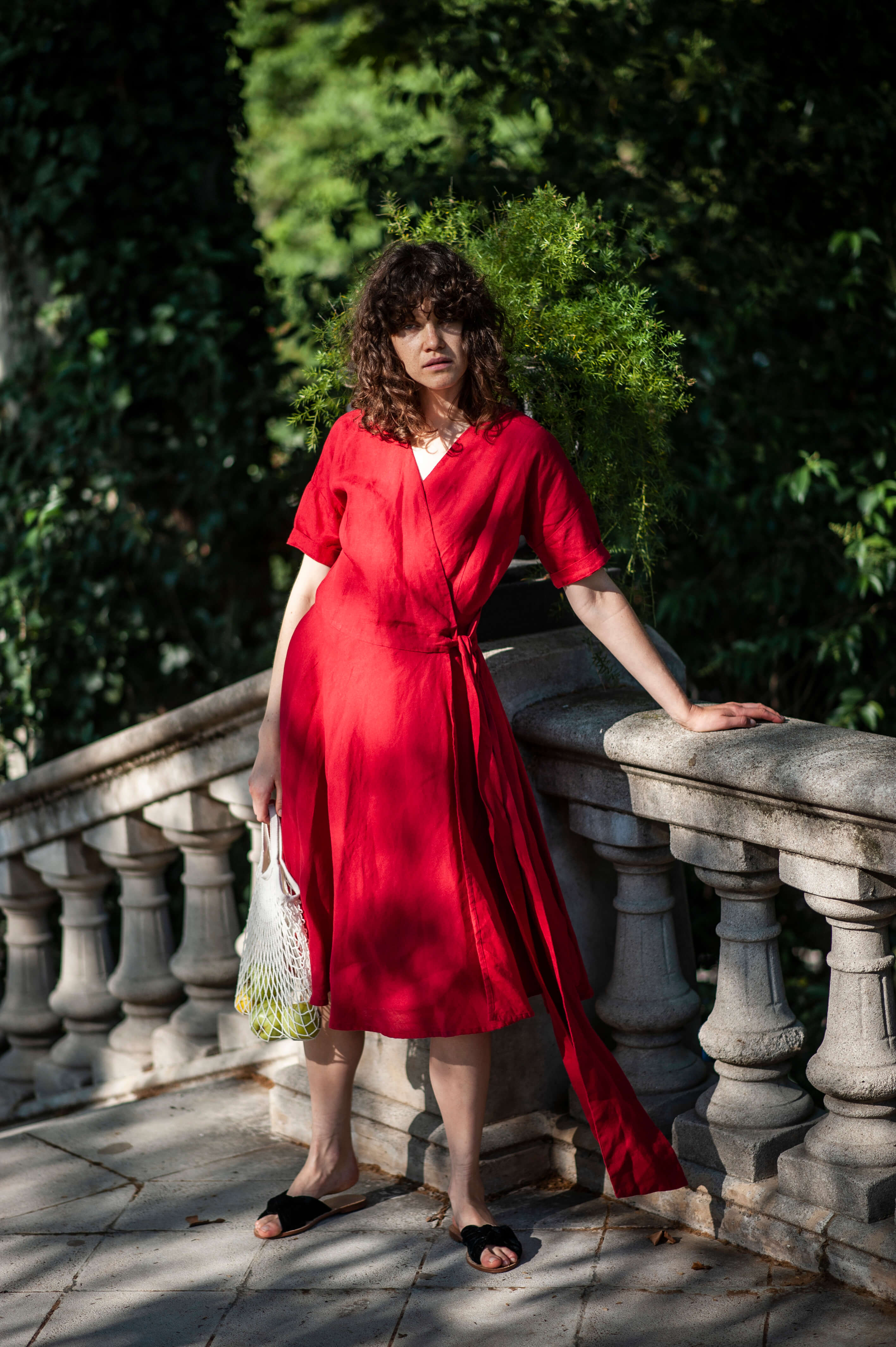 Red linen midi kimono dress CHO