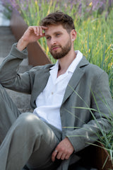 Unstructured single-breasted olive green linen blazer