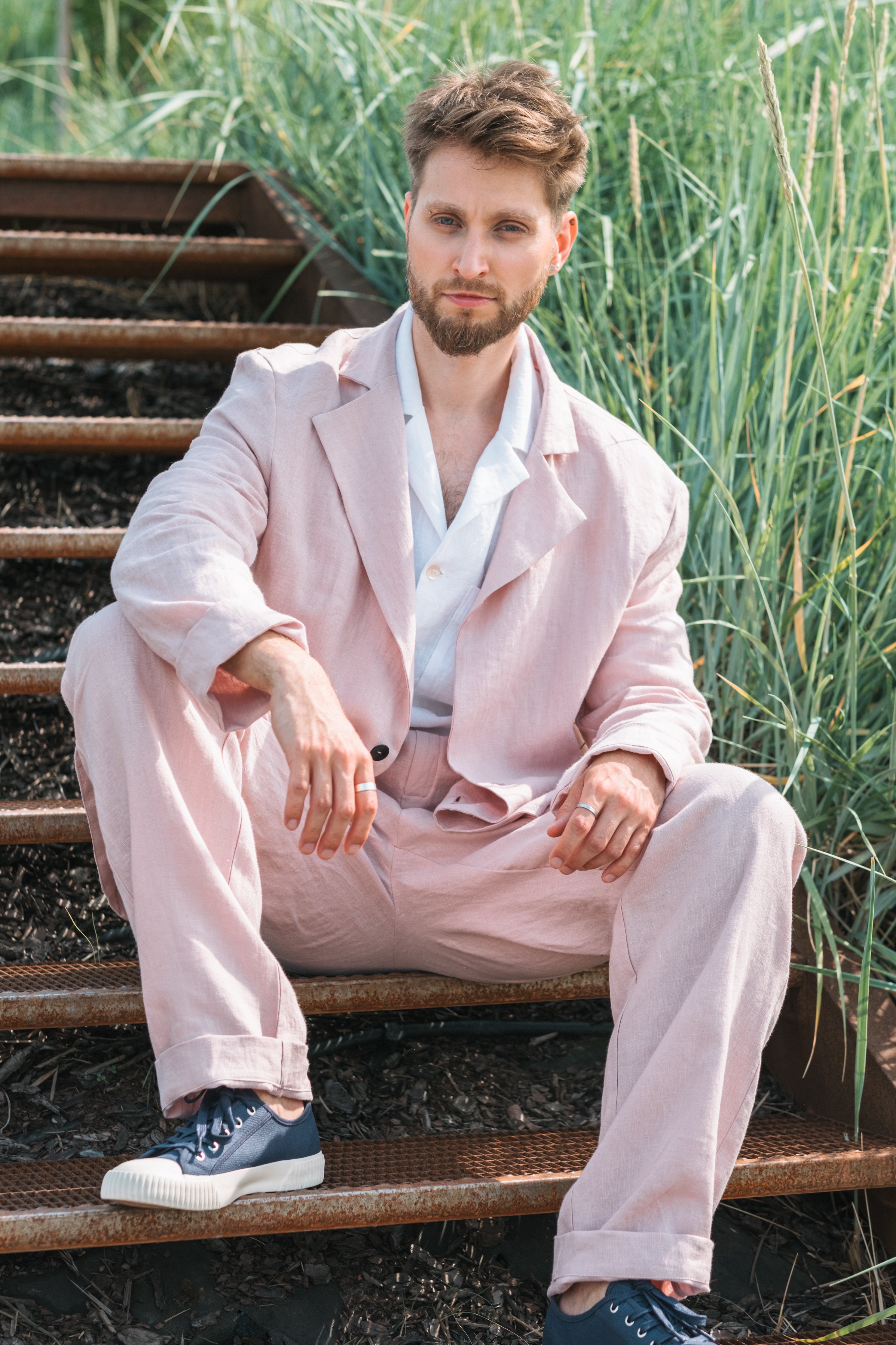 Unstructured single-breasted dusty rose linen blazer