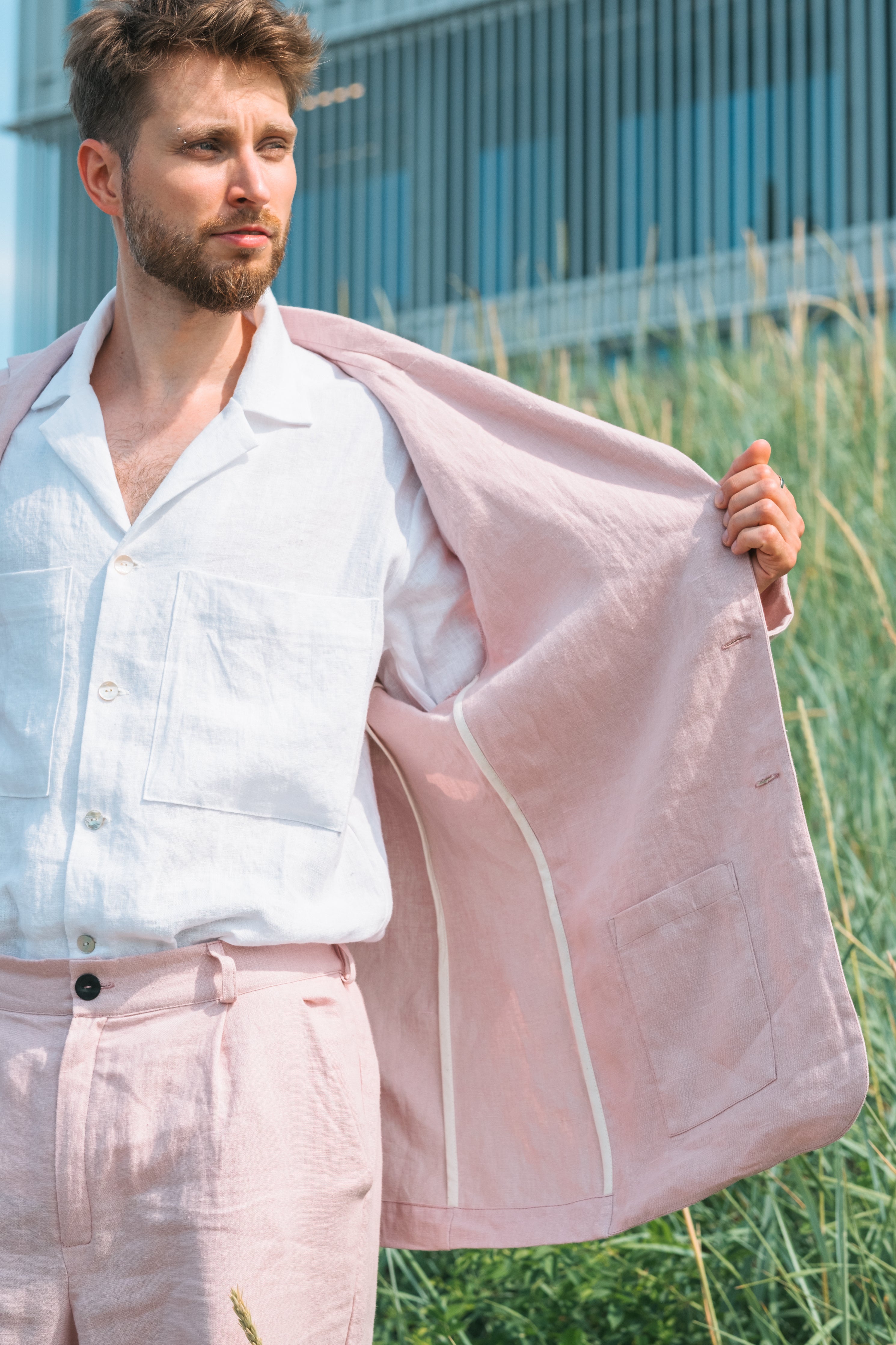 Unstructured single-breasted dusty rose linen blazer