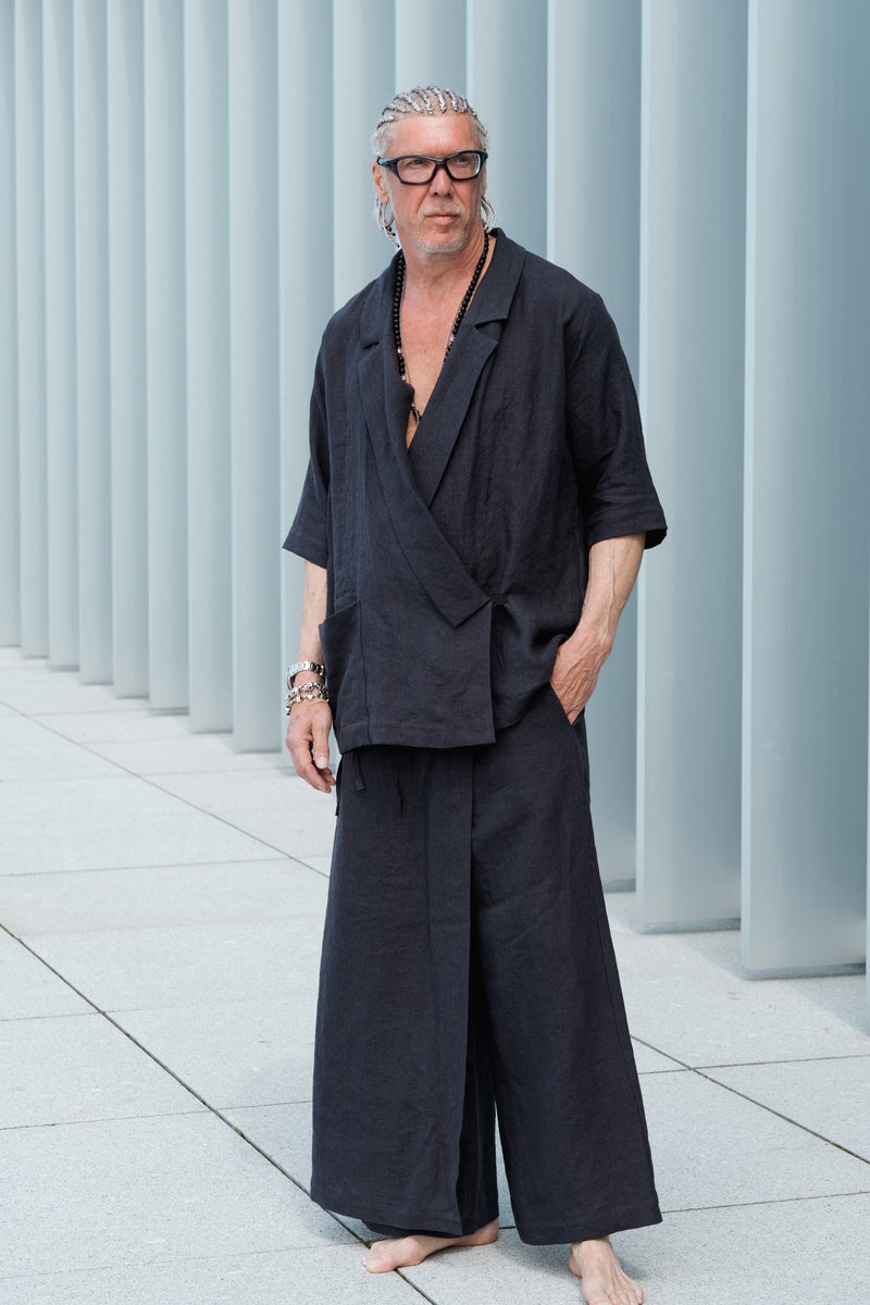 Men’s two pieces linen suit with kimono style blazer and wide skirt-pants