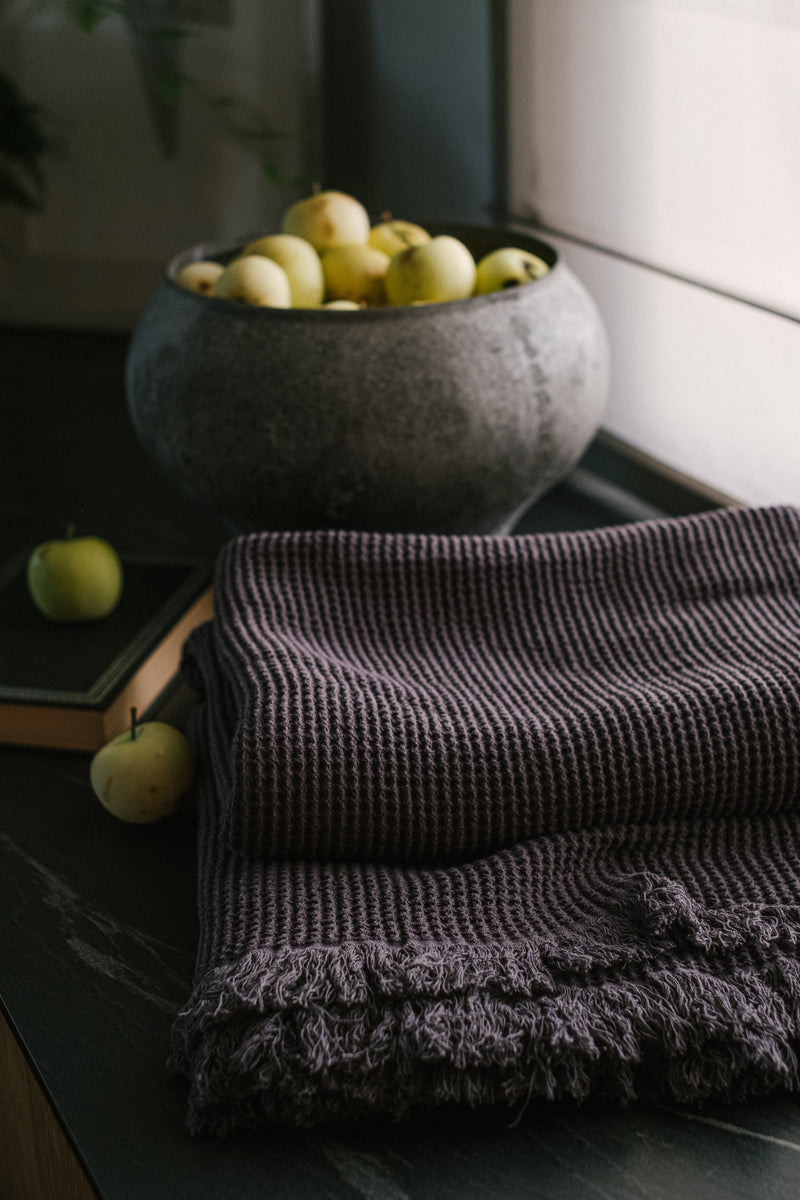 Dark grey natural linen waffle throw with fringes
