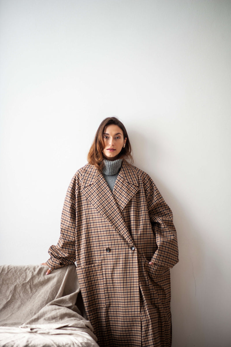  Double breasted gingham check cocoon maxi coat