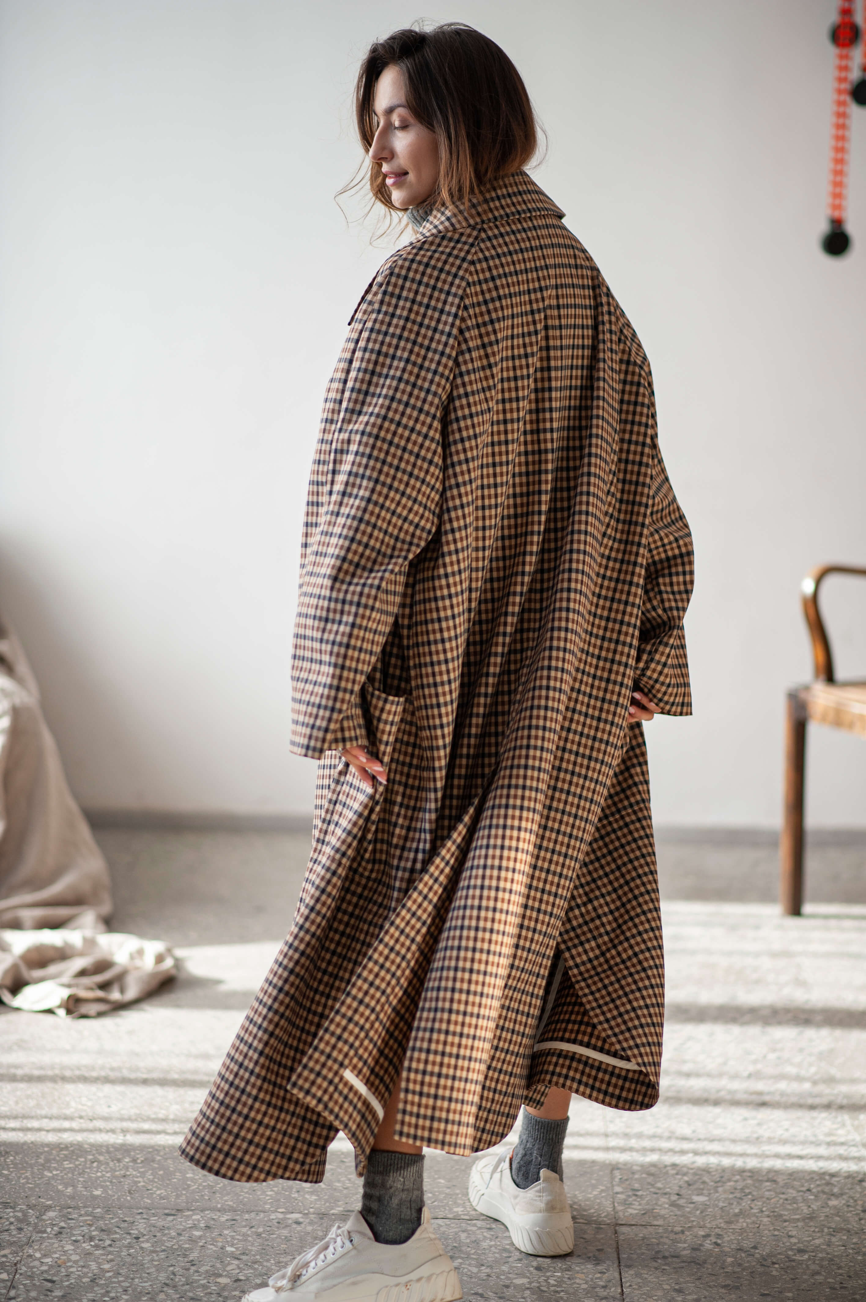  Double breasted gingham check cocoon maxi coat