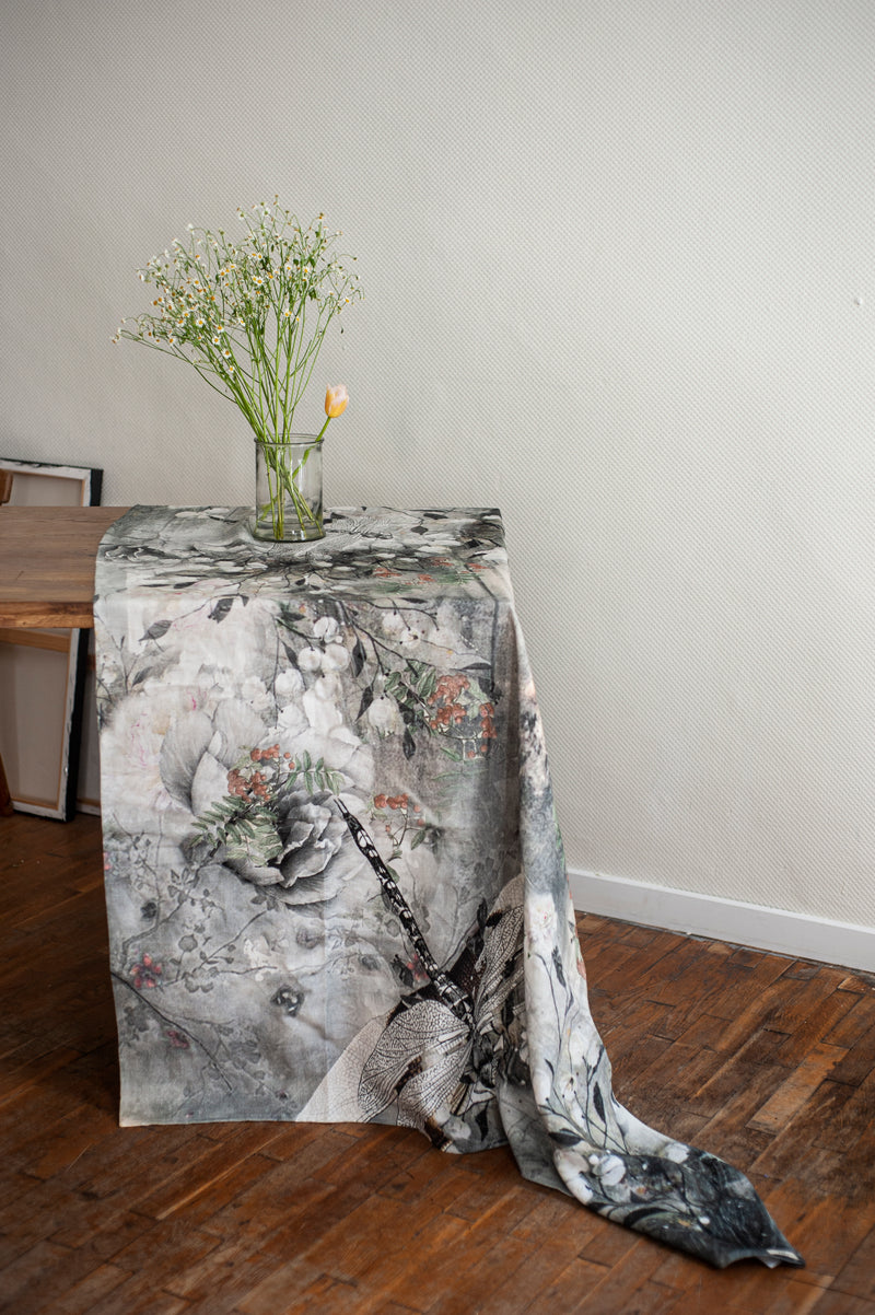 Linen throw blanket with Dragonfly print, Heavy linen tablecloth