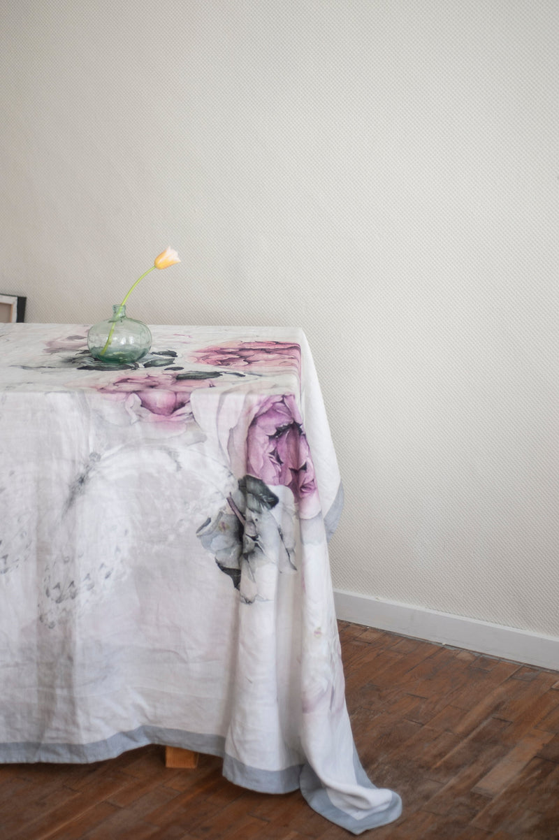 Linen throw blanket with Peony flowers, Heavy linen tablecloth