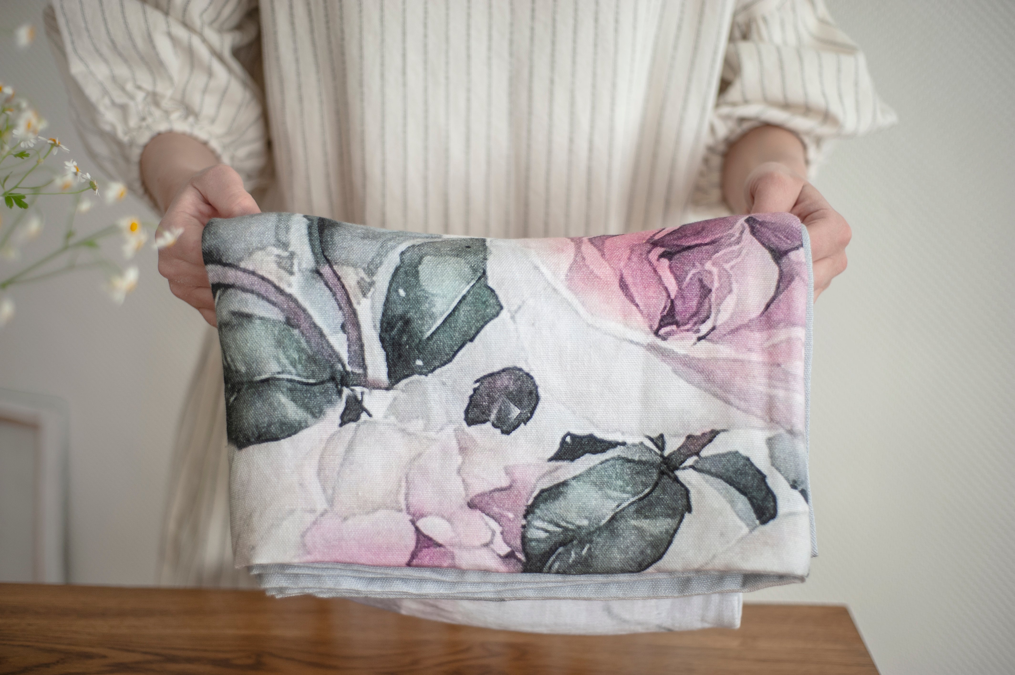 Linen throw blanket with Peony flowers, Heavy linen tablecloth