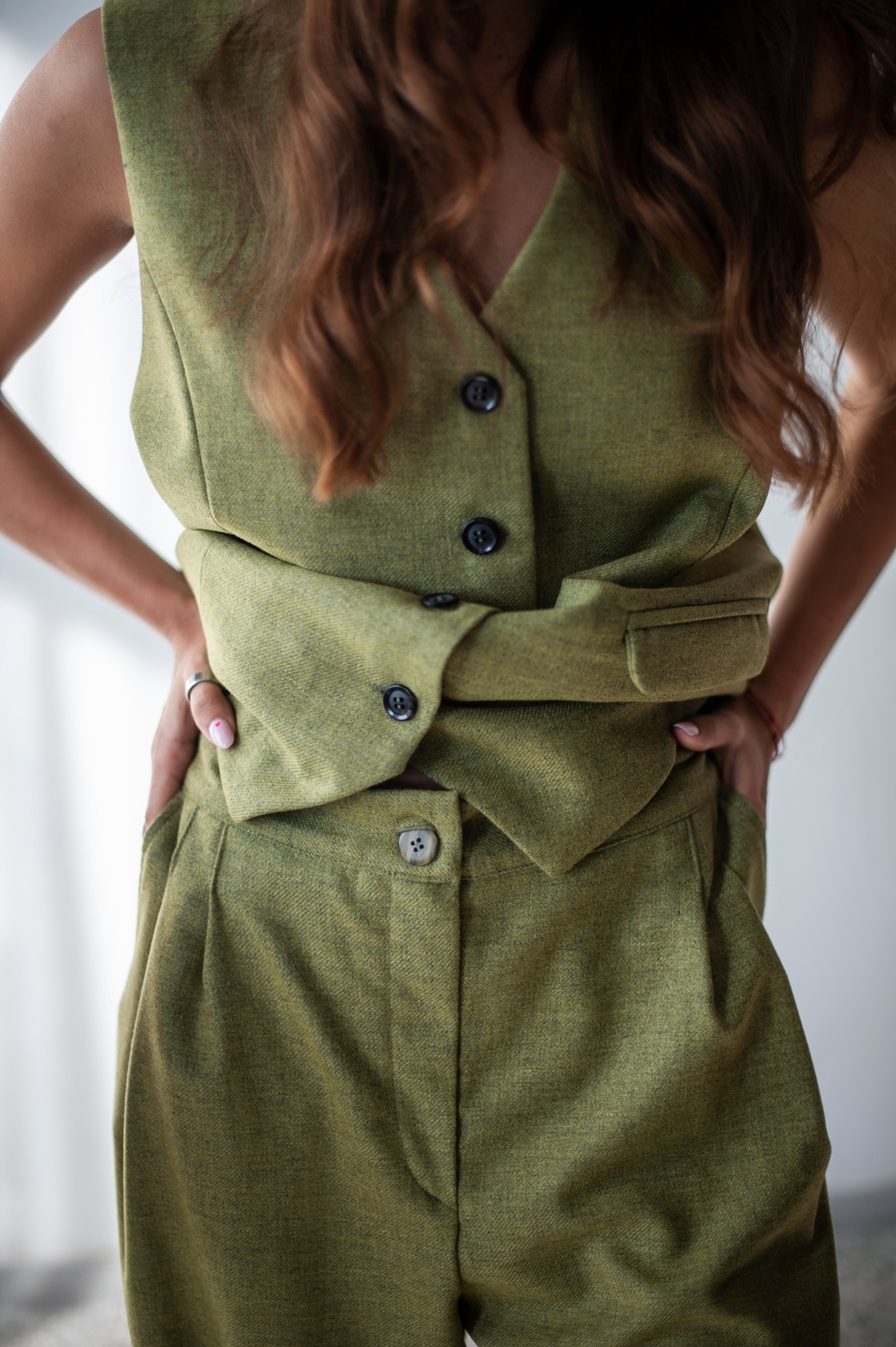 Women tweed masculine pants with front pleats