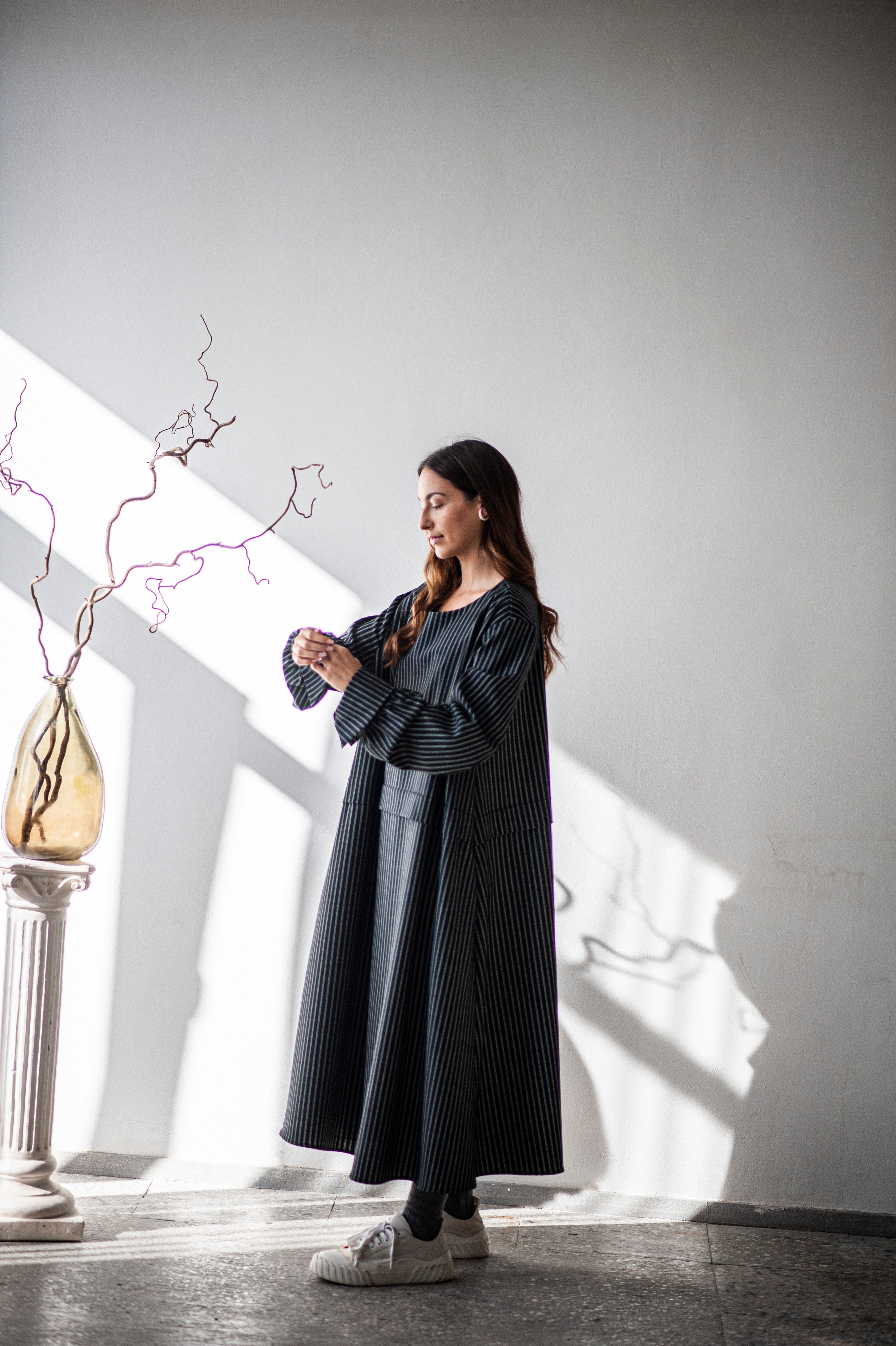A-line striped loose fit long wool dress LORA