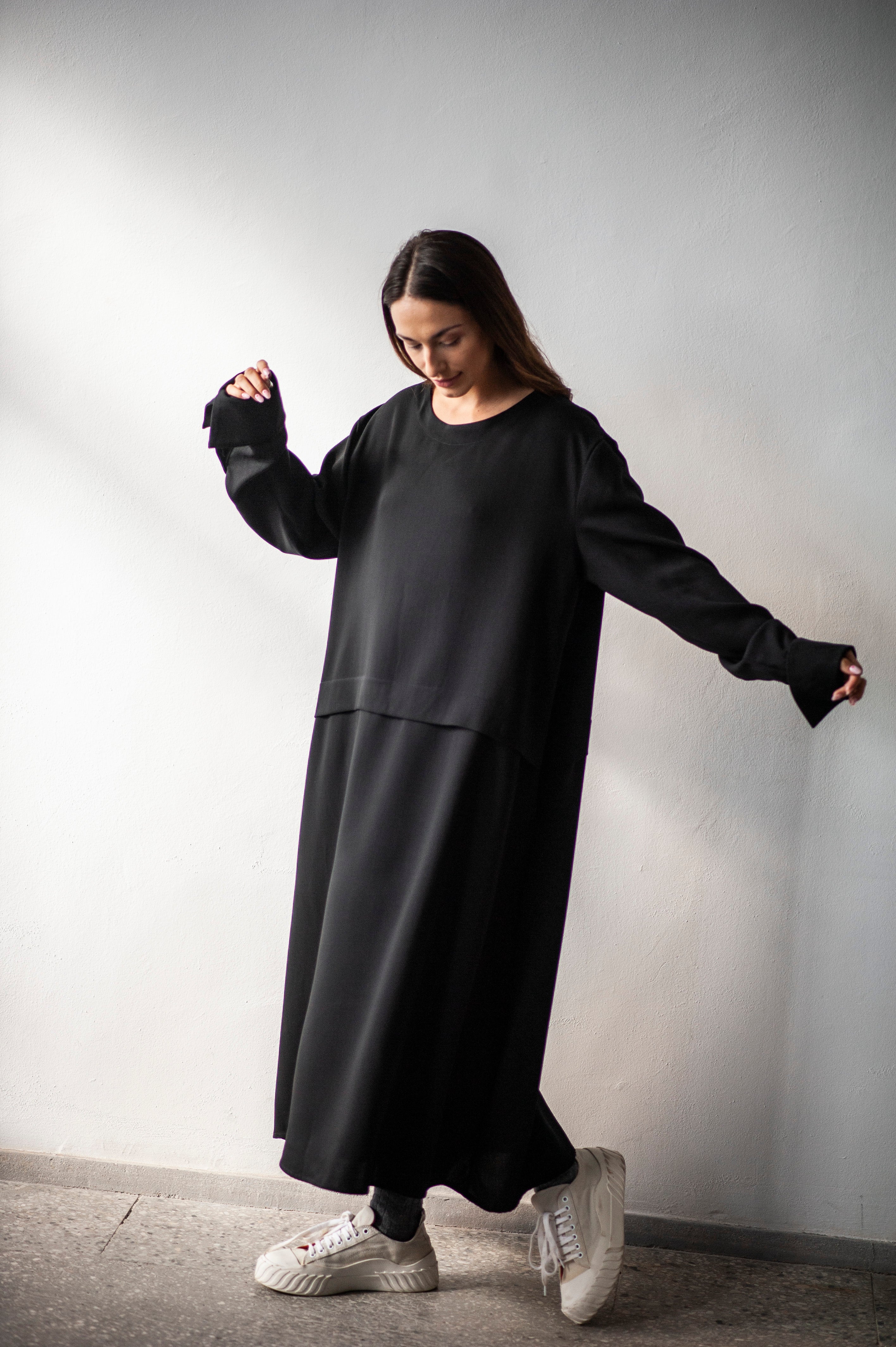 Ankle length A-line black wool dress LORA