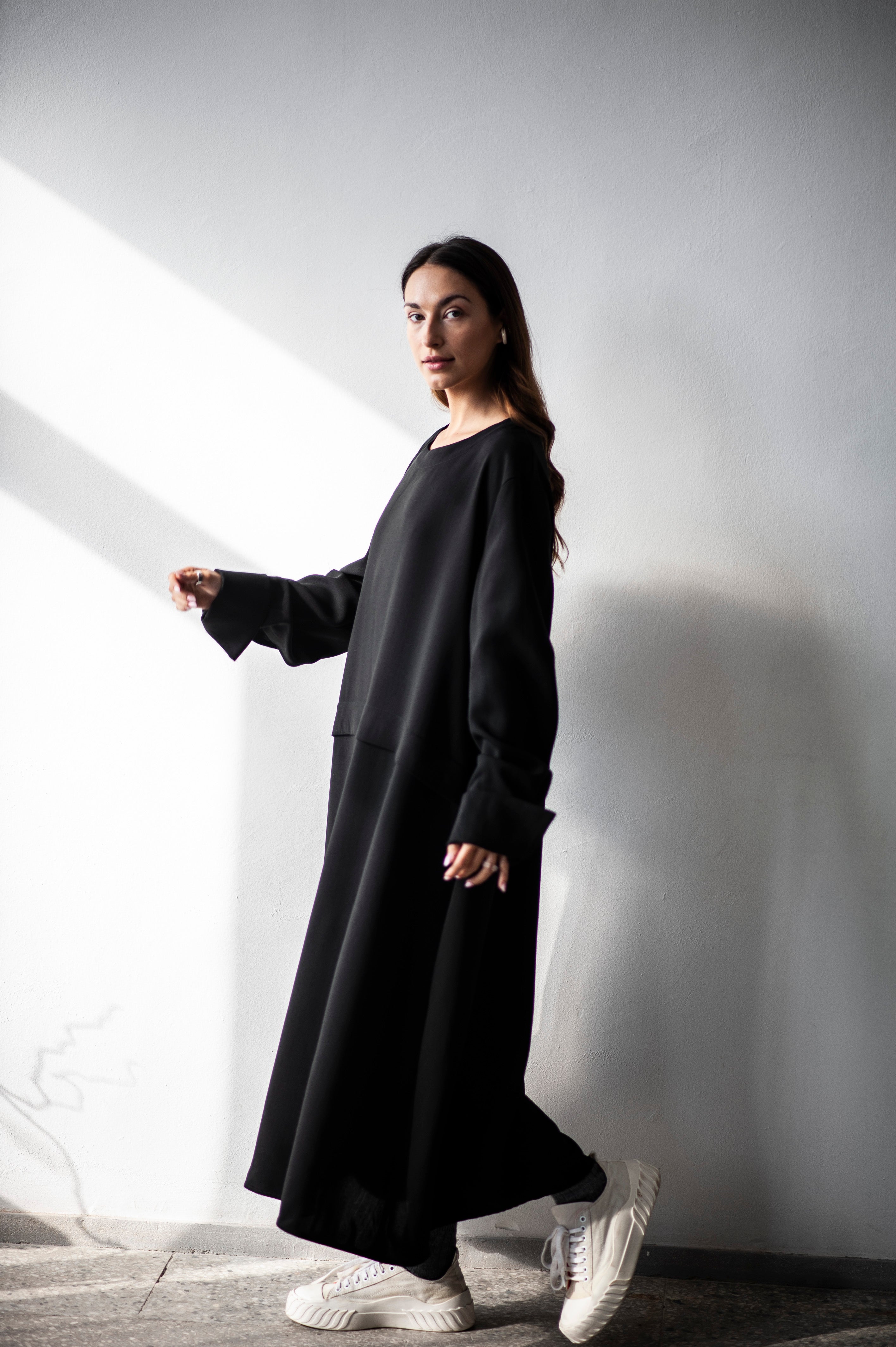 Ankle length A-line black wool dress LORA