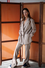 Gingham checkered two pieces pants suit for women
