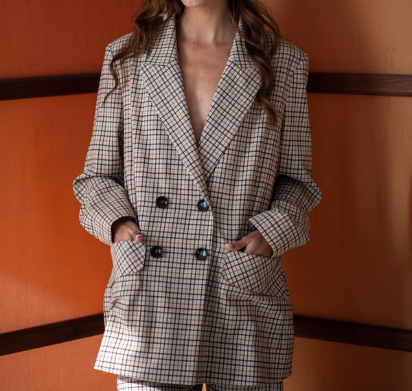 Gingham checkered two pieces pants suit for women