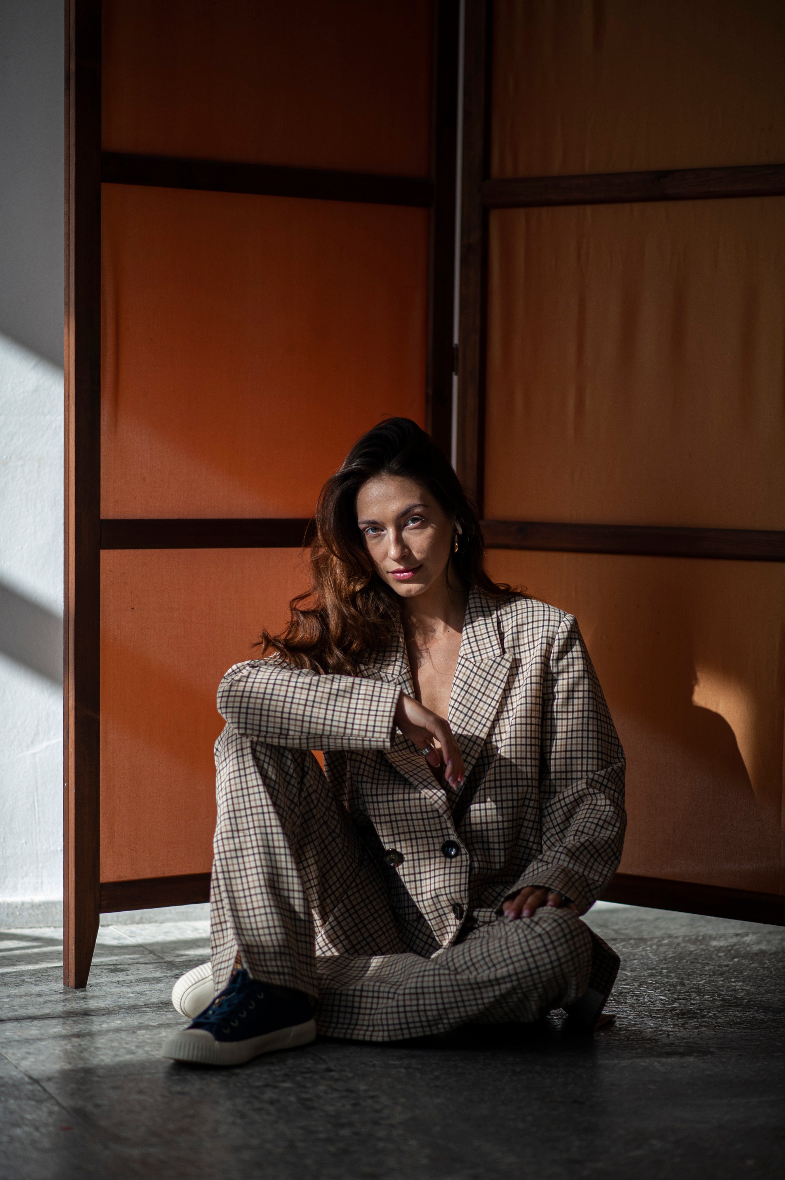 Gingham checkered two pieces pants suit for women