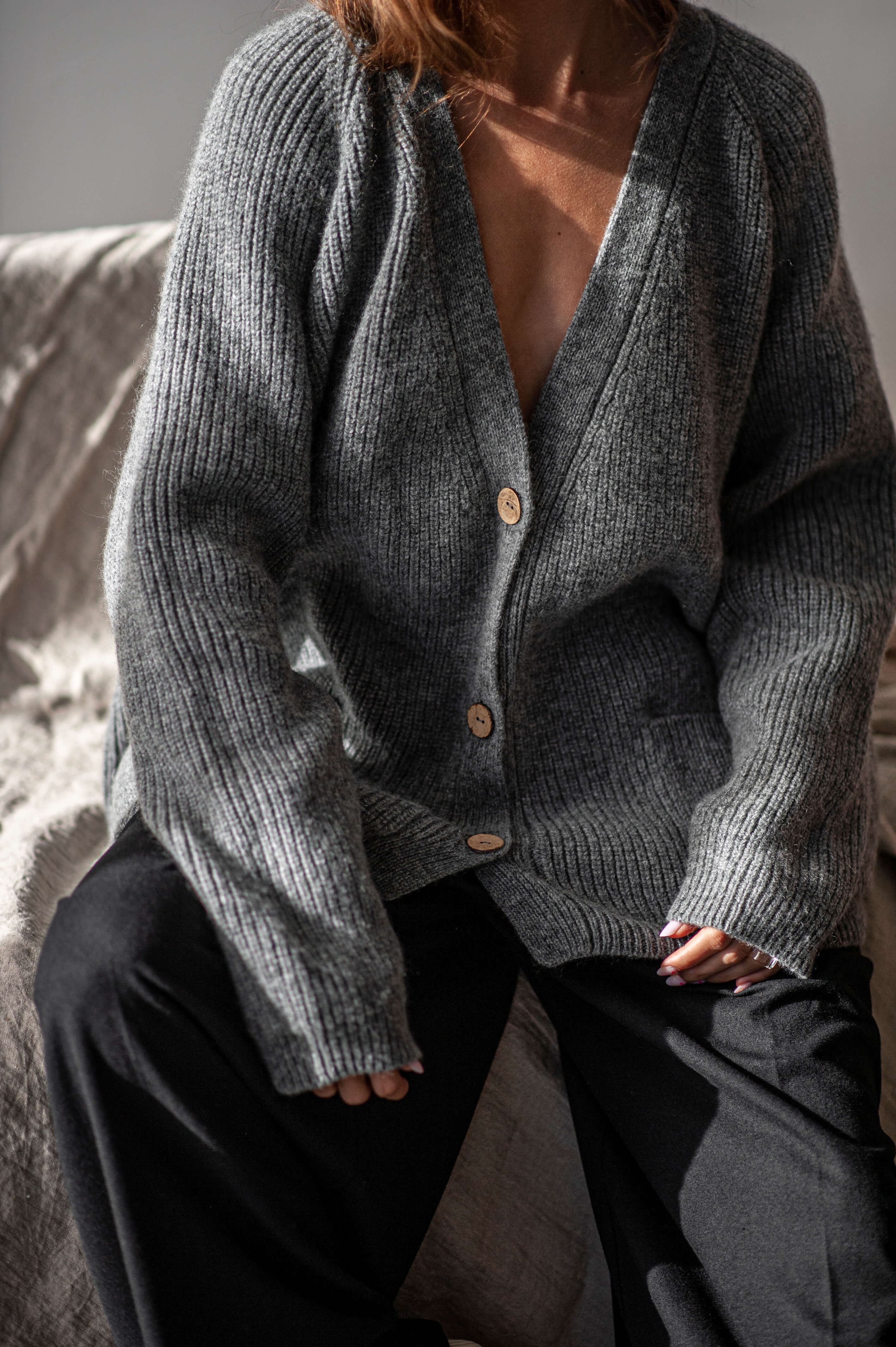 Grey merino wool knitted cardigan SORA