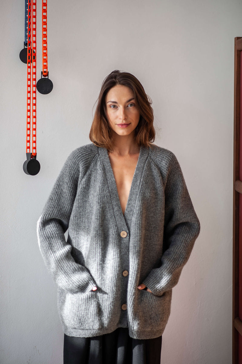 Grey merino wool knitted cardigan SORA